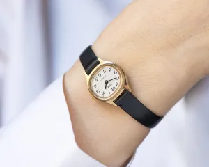 New old stock women wrist watch Dawn, gold shade women watch oval minimalist dial, vintage girl watch 90s fashion, new genuine leather strap
