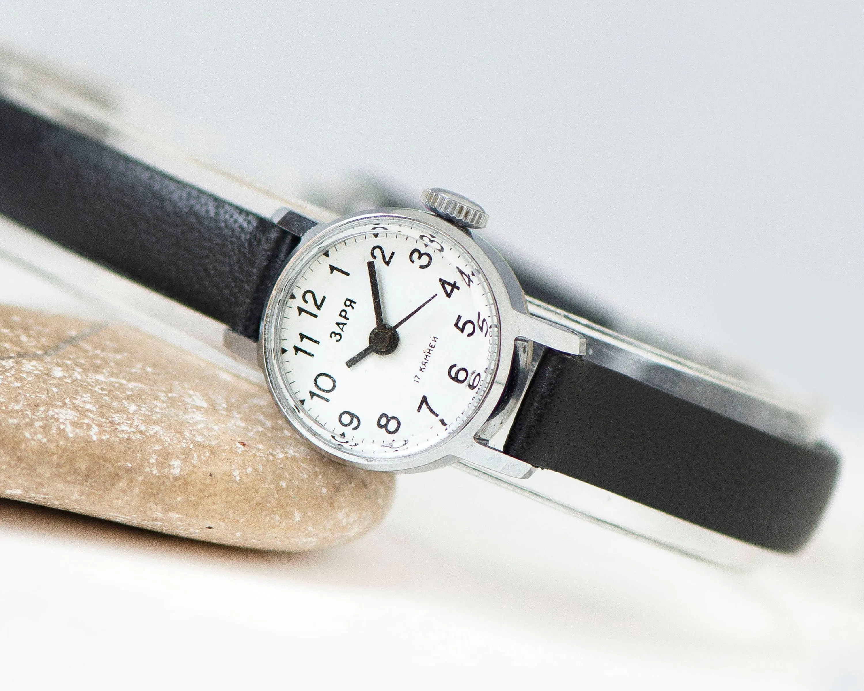 New old stock women's watch white vintage Dawn, lady wristwatch silver shade classic, Arabic numerals watch gift, new premium leather strap