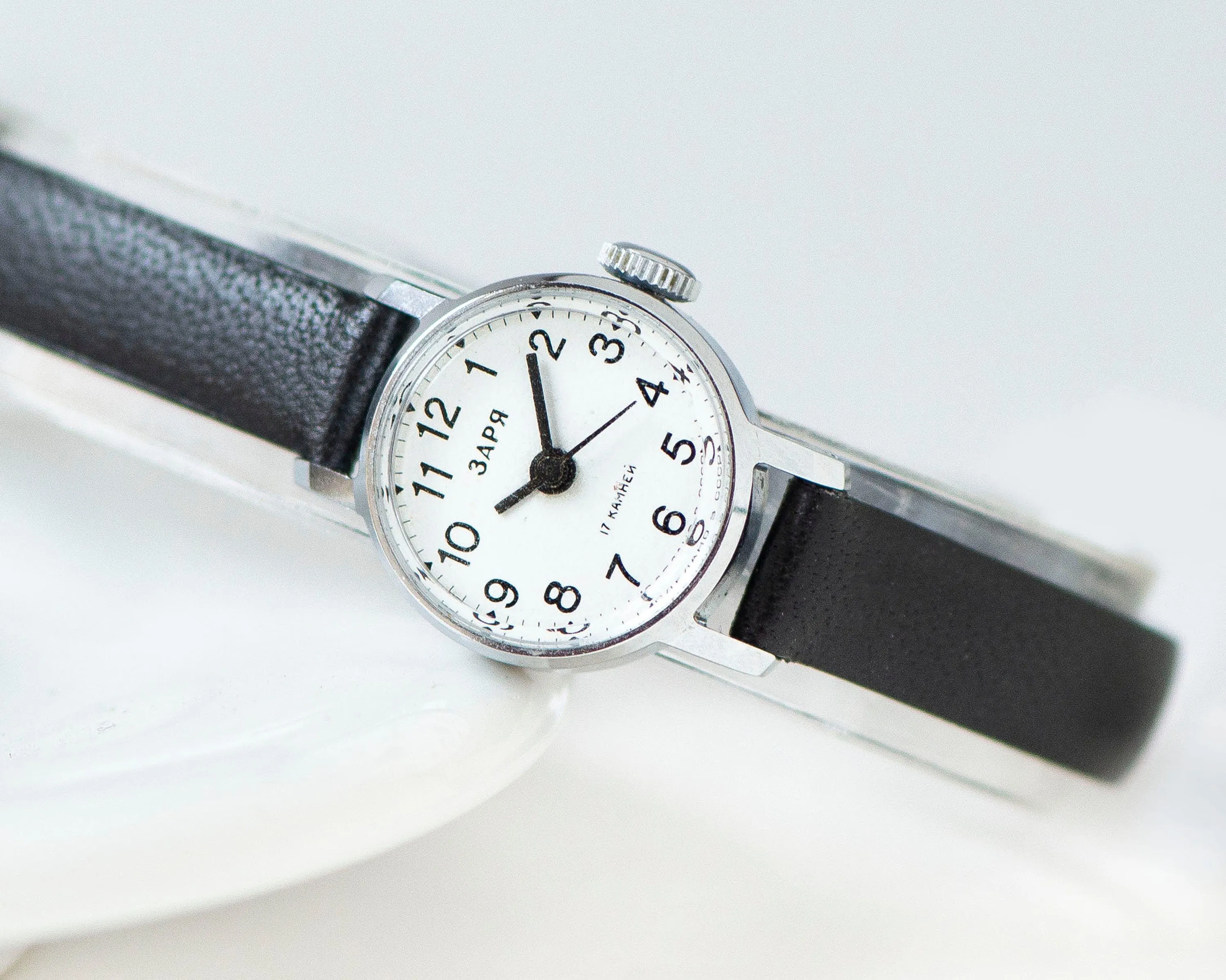 New old stock women's watch white vintage Dawn, lady wristwatch silver shade classic, Arabic numerals watch gift, new premium leather strap