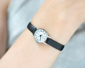 New old stock women's watch white vintage Dawn, lady wristwatch silver shade classic, Arabic numerals watch gift, new premium leather strap