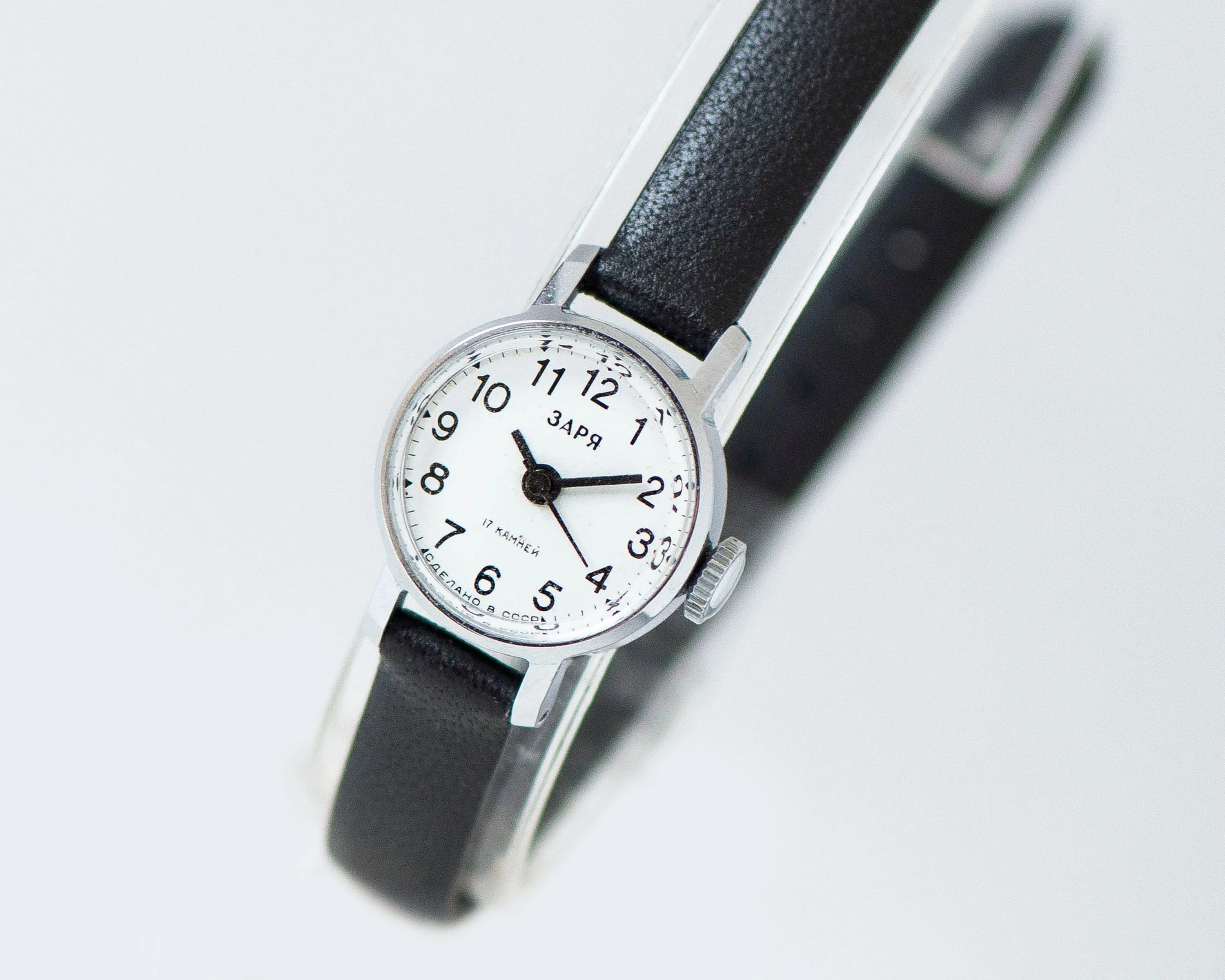 New old stock women's watch white vintage Dawn, lady wristwatch silver shade classic, Arabic numerals watch gift, new premium leather strap