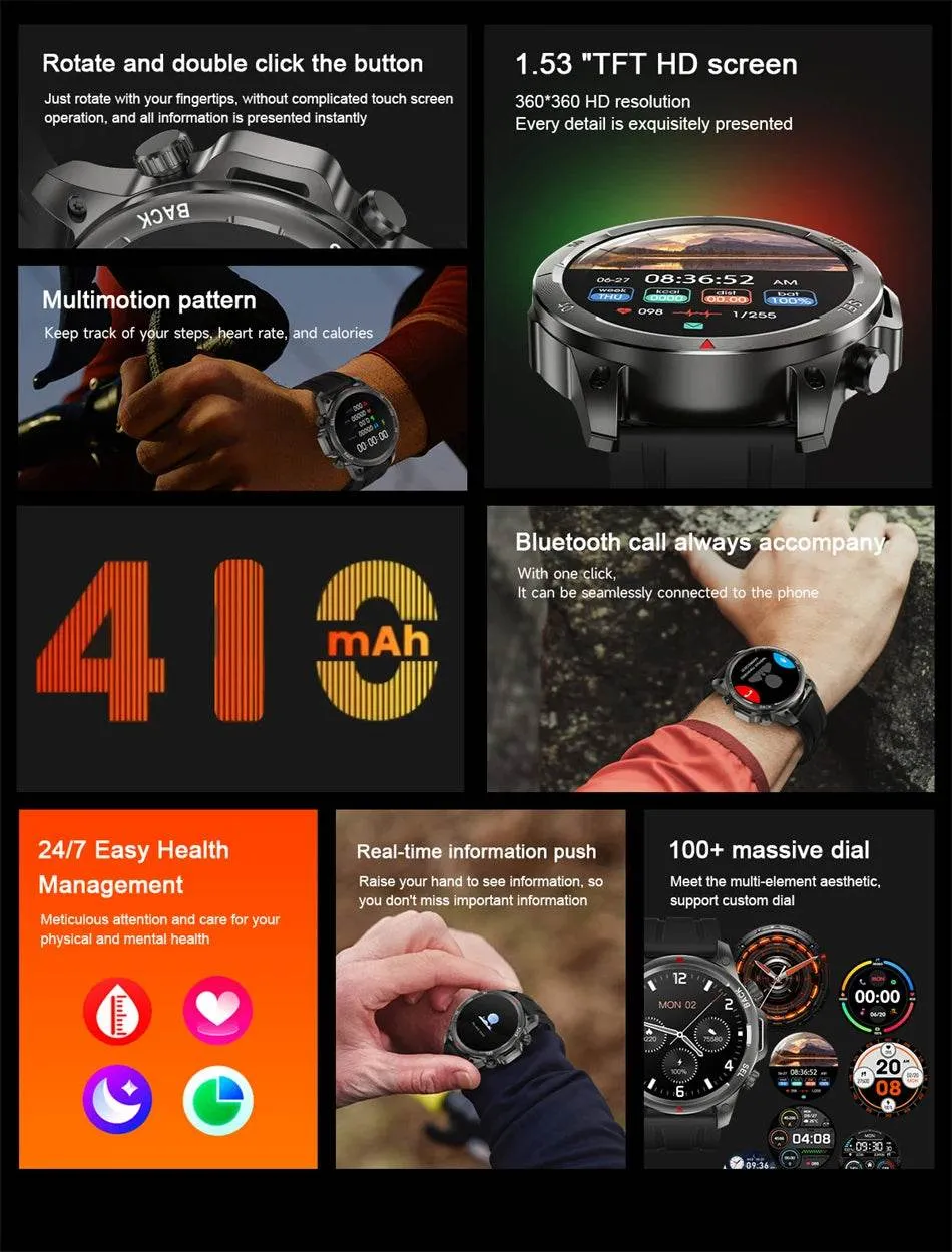 New Smart Watch 3ATM Waterproof Original Design For Men Bluetooth Call Health Monitor With Flashlight 100  Sports Modes