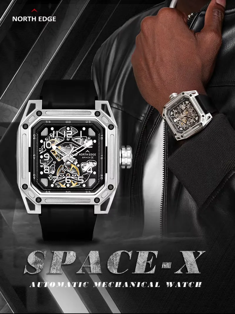 North Edge Space X Automatic Mechanical Watch｜Stainless Steel Skeletonized・Luminous Function