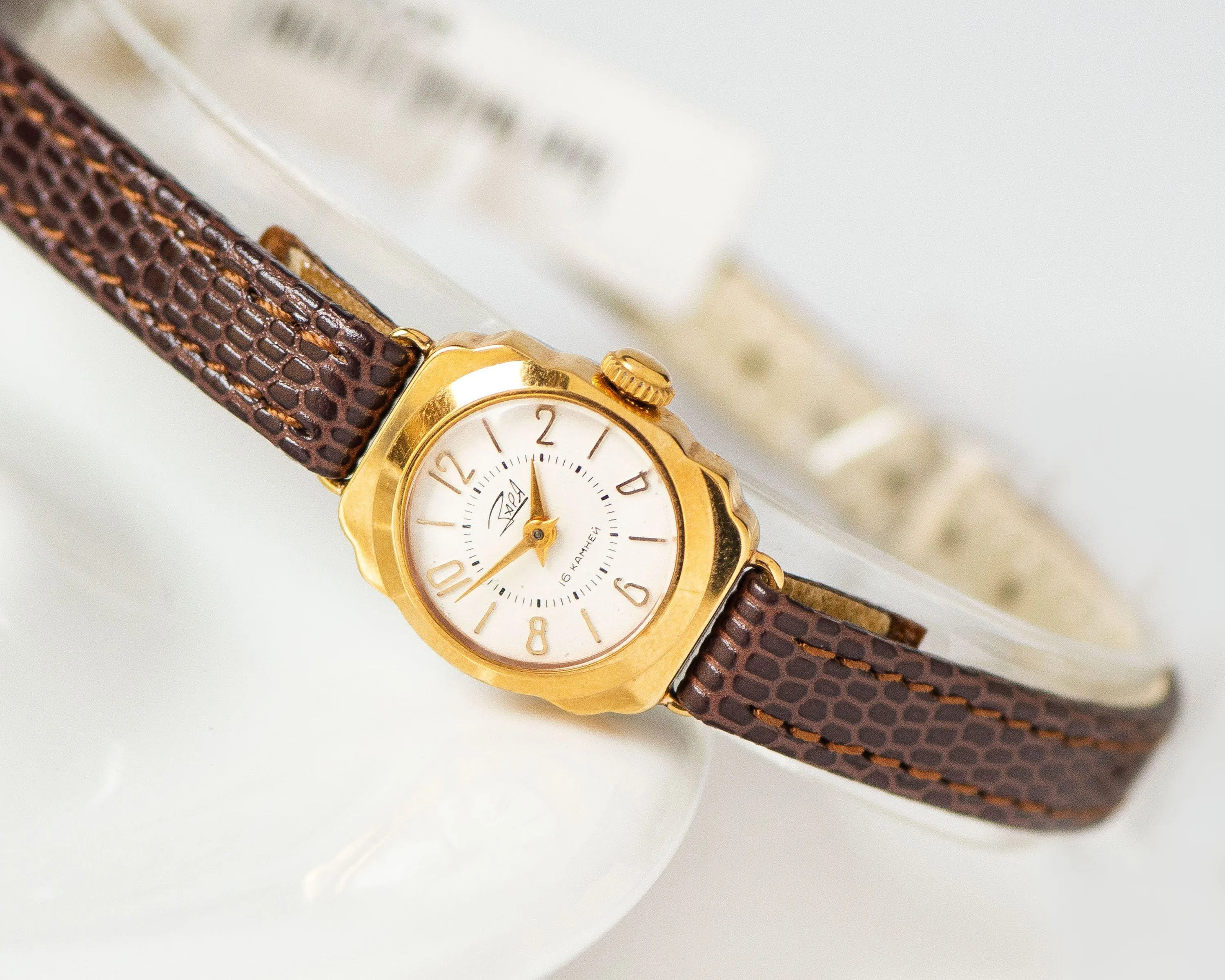NOS women's wristwatch gold plated Dawn, classic lady watch retro jewelry from 60s, wristwatch for women gift, new premium leather strap