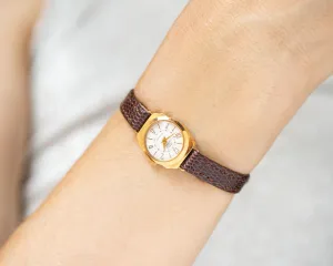 NOS women's wristwatch gold plated Dawn, classic lady watch retro jewelry from 60s, wristwatch for women gift, new premium leather strap