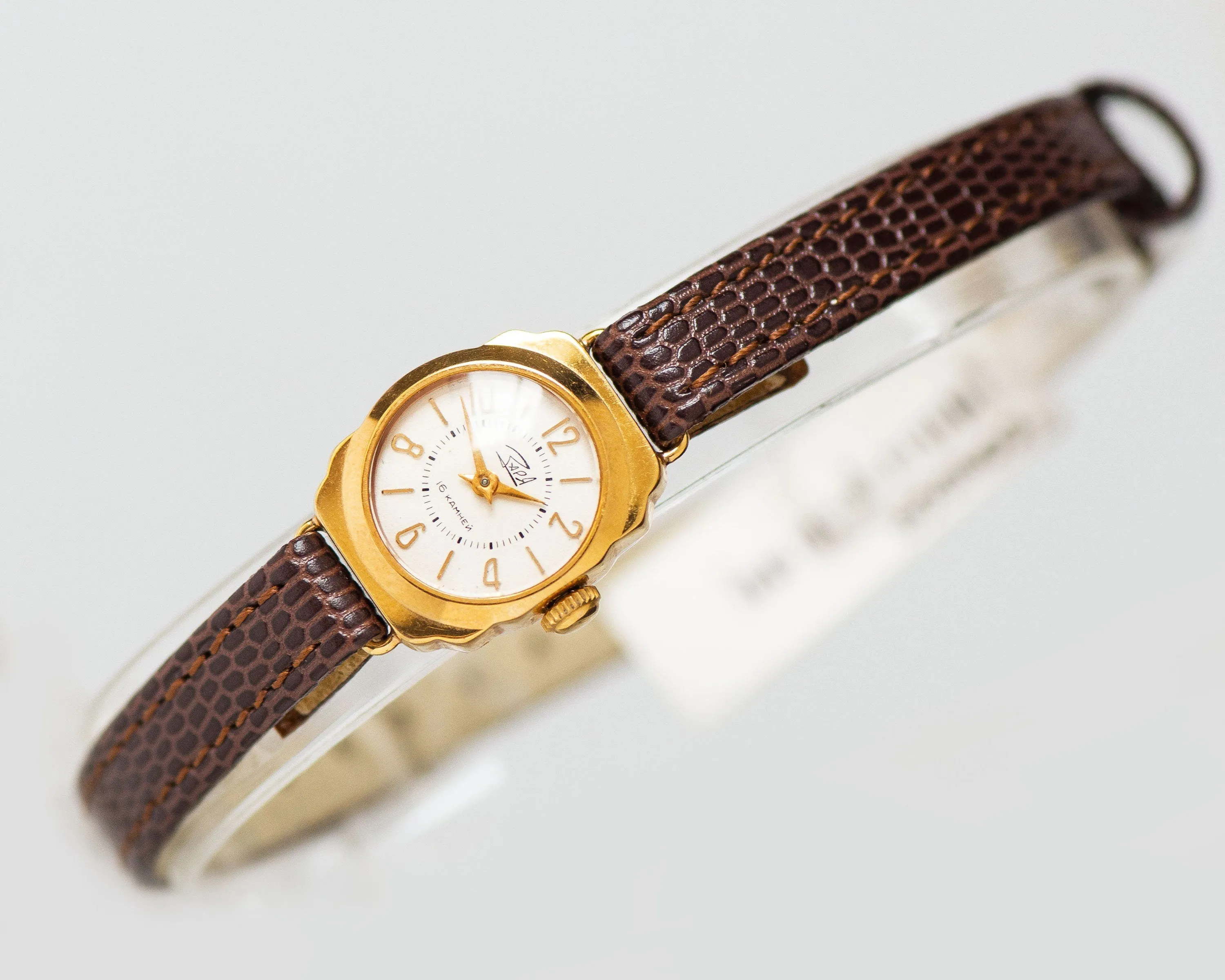 NOS women's wristwatch gold plated Dawn, classic lady watch retro jewelry from 60s, wristwatch for women gift, new premium leather strap