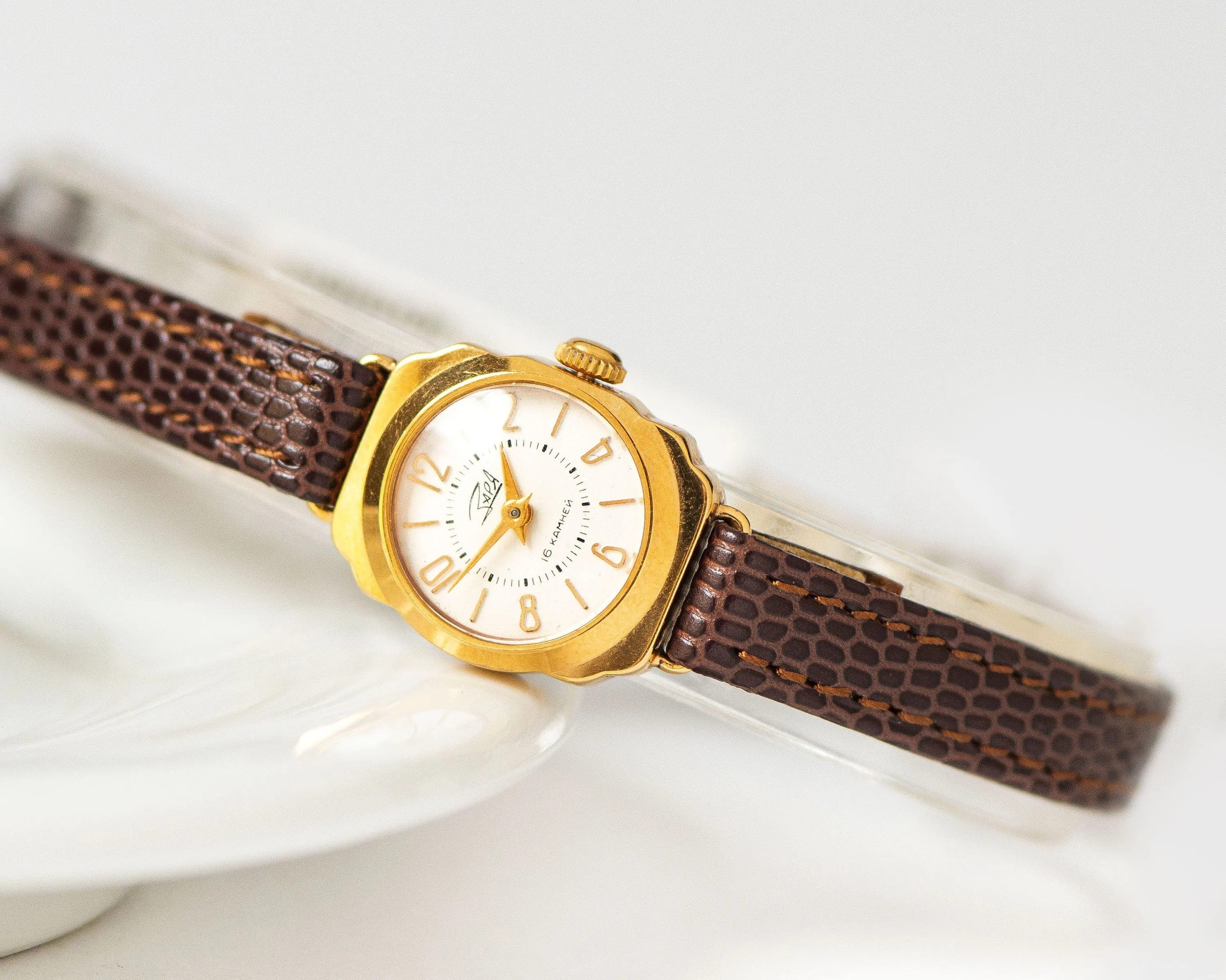 NOS women's wristwatch gold plated Dawn, classic lady watch retro jewelry from 60s, wristwatch for women gift, new premium leather strap