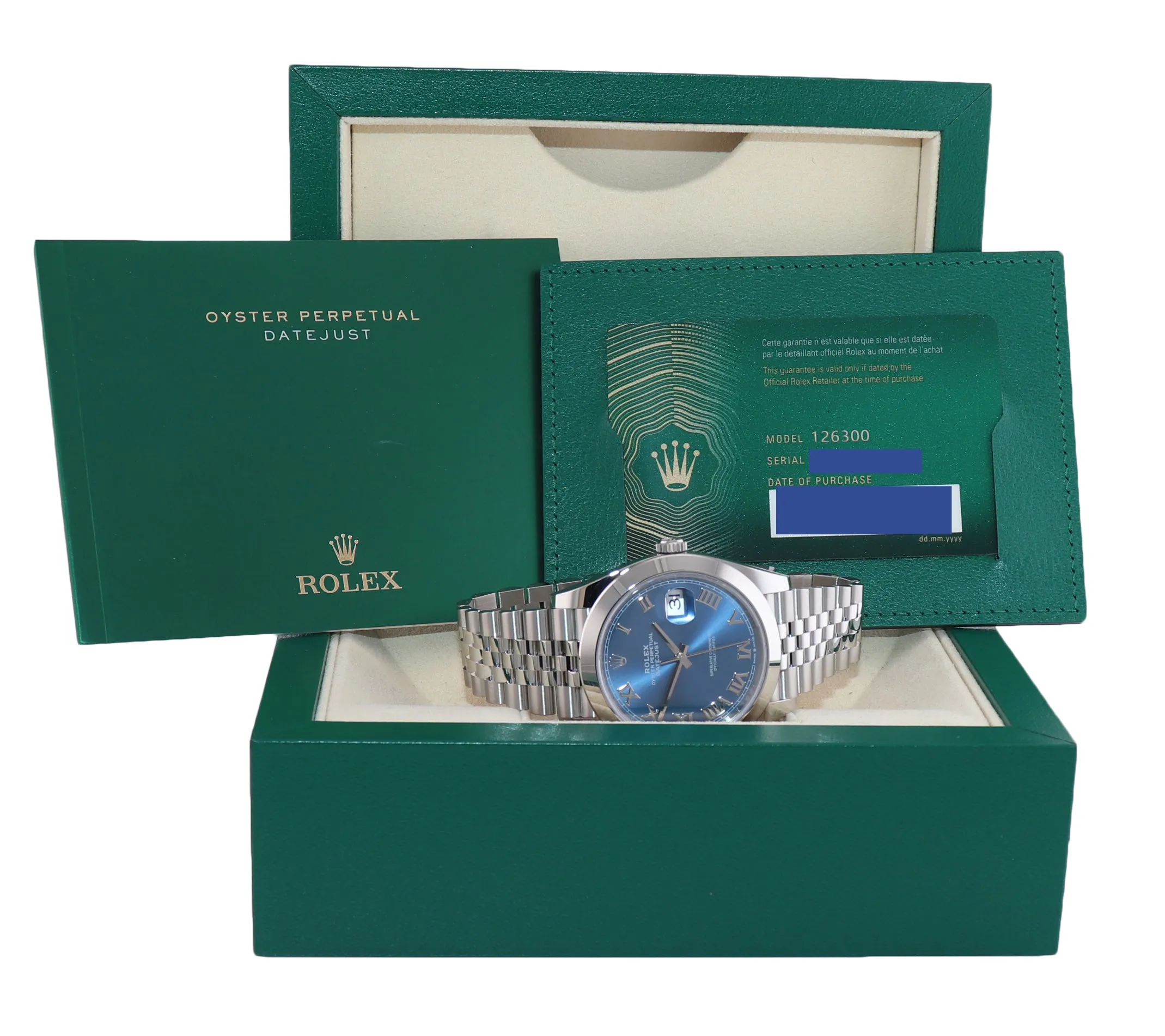 NOV 2021 NEW PAPERS Rolex DateJust 41 Steel 126300 Blue Roman Jubilee Watch Box