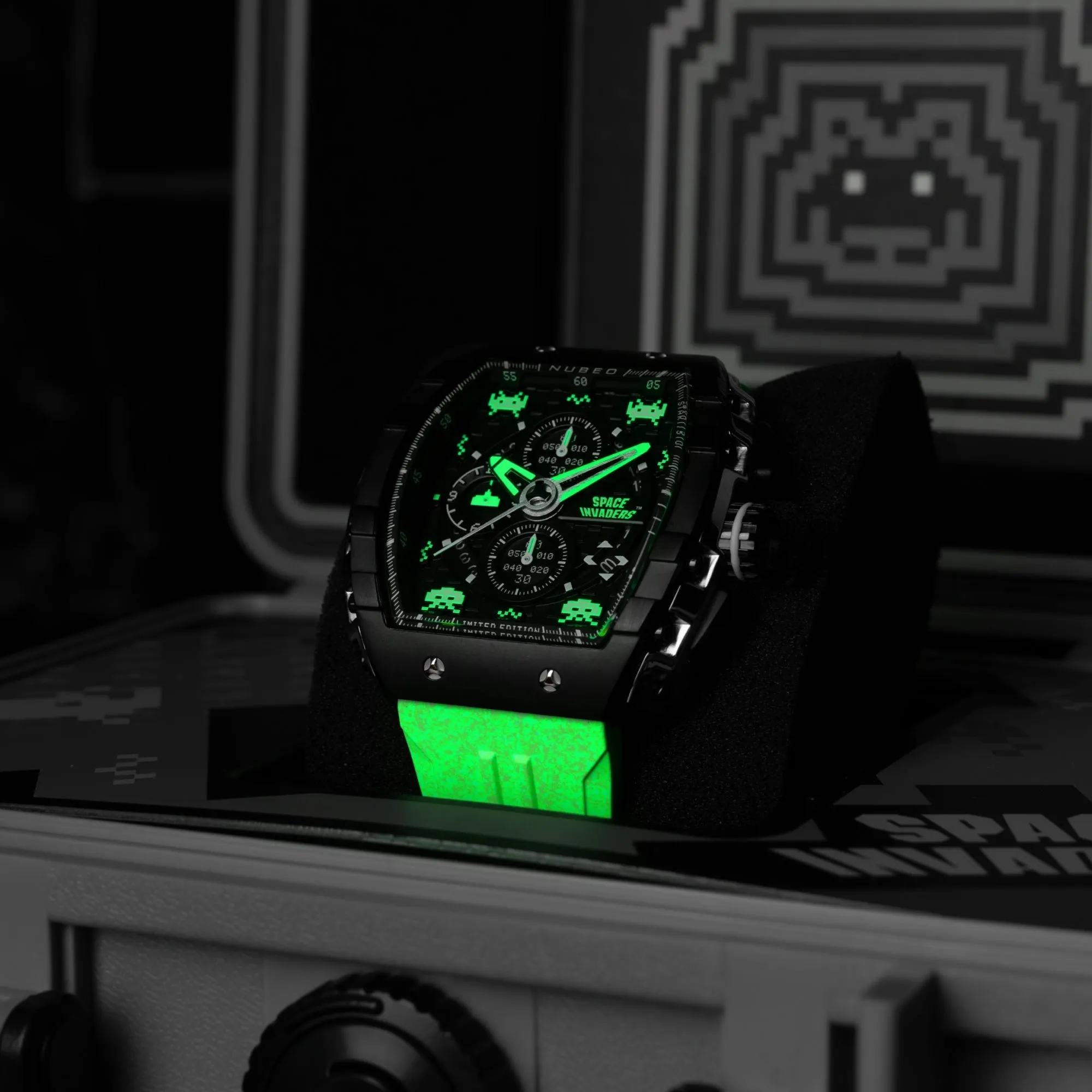 Nubeo Magellan Chronograph Space Invaders Limited Edition Lunar Black Men's Watch NB-6024-SI-09