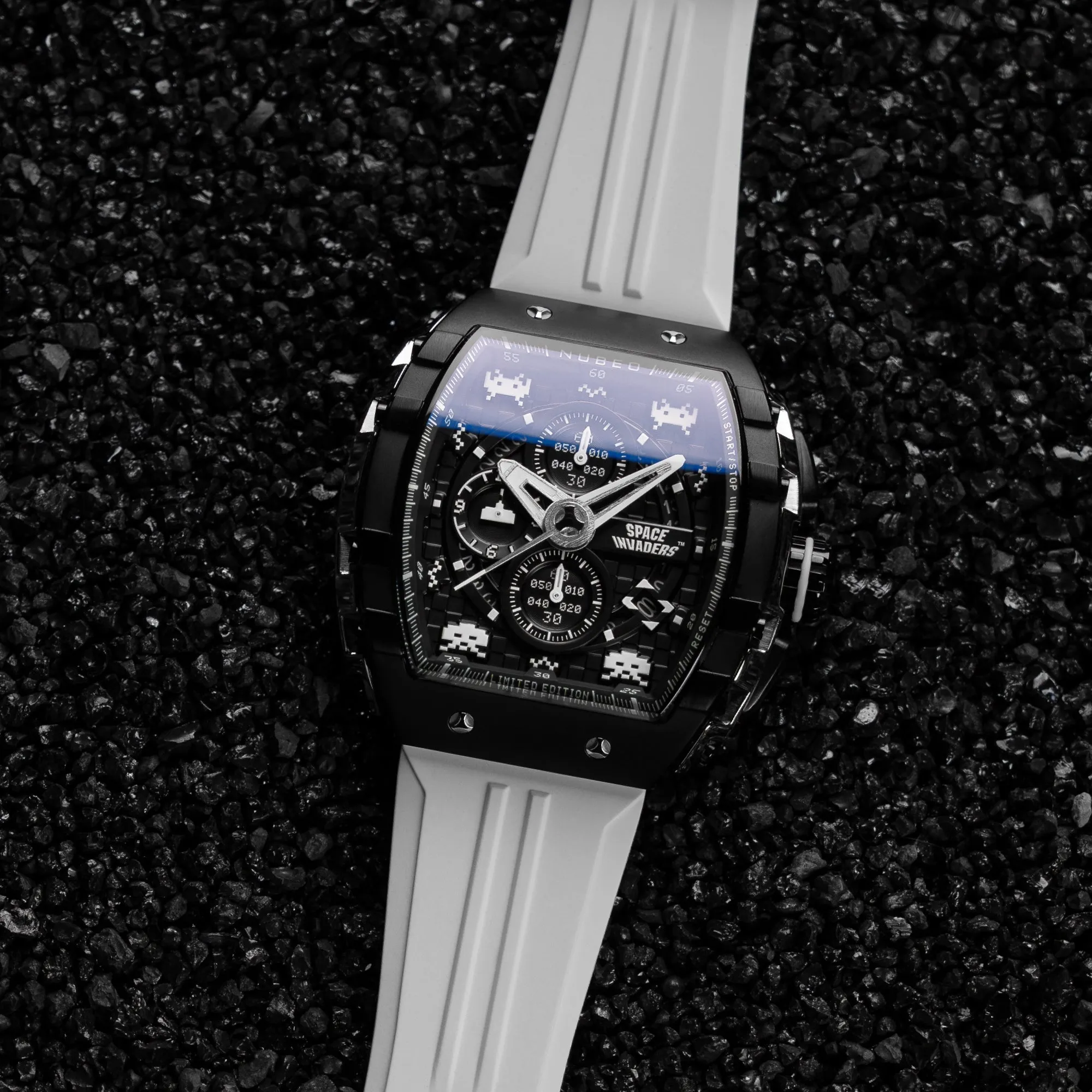 Nubeo Magellan Chronograph Space Invaders Limited Edition Lunar Black Men's Watch NB-6024-SI-09