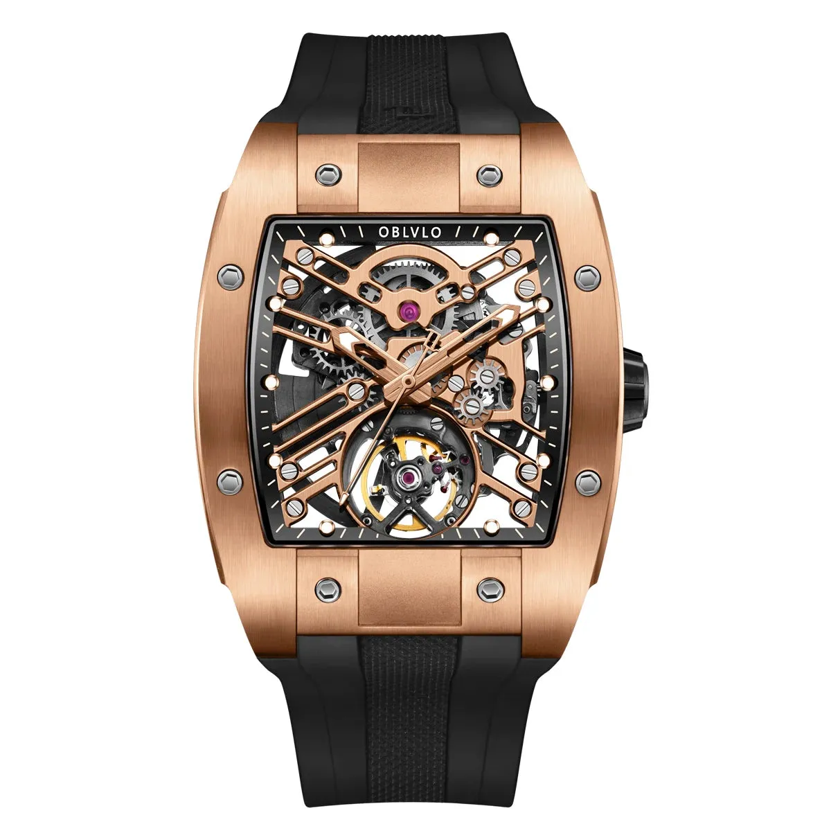 OBLVLO Top Watch Brand Sport Watch for Man Square Skeleton Watch Steel Automatic Mechanical Watch Rubber Strap Watches EM-ST