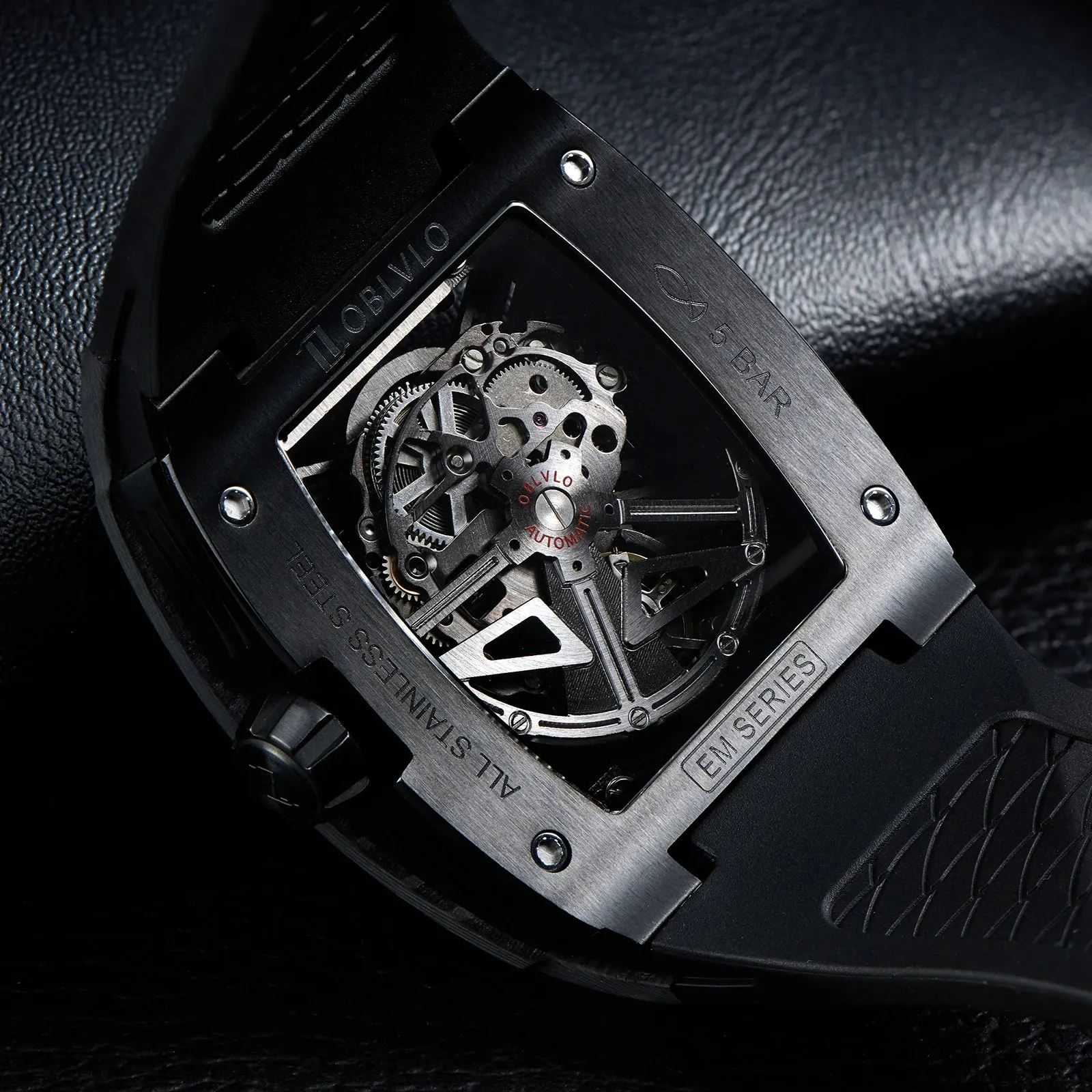 OBLVLO Top Watch Brand Sport Watch for Man Square Skeleton Watch Steel Automatic Mechanical Watch Rubber Strap Watches EM-ST