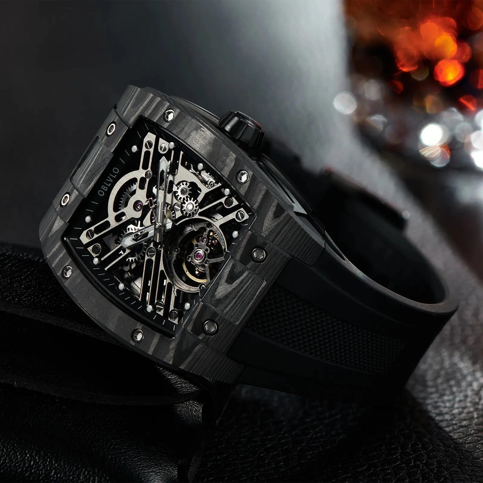 OBLVLO Top Watch Brand Sport Watch for Man Square Skeleton Watch Steel Automatic Mechanical Watch Rubber Strap Watches EM-ST