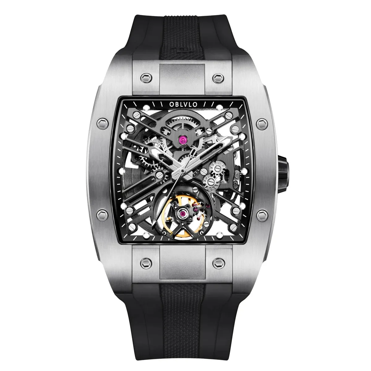 OBLVLO Top Watch Brand Sport Watch for Man Square Skeleton Watch Steel Automatic Mechanical Watch Rubber Strap Watches EM-ST