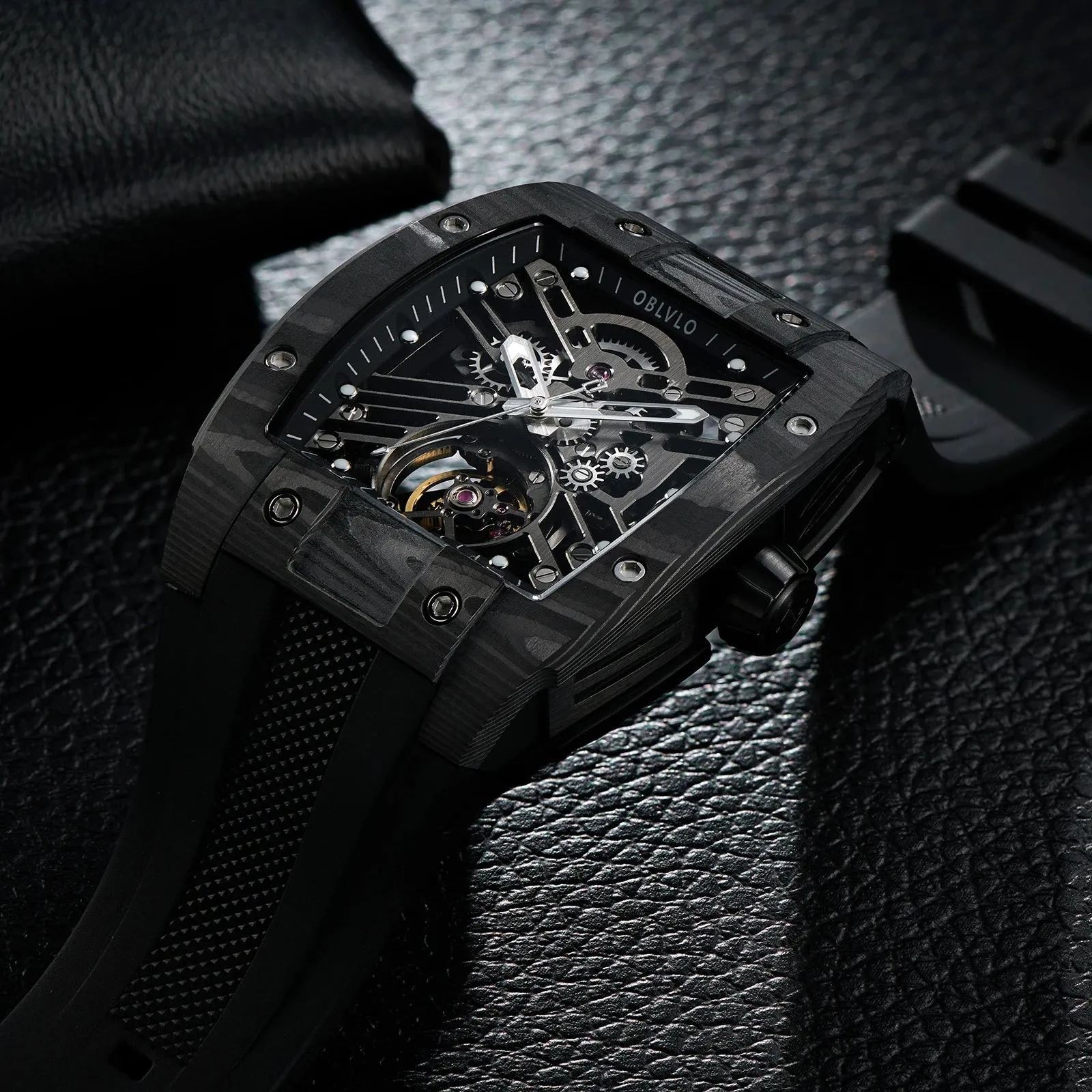 OBLVLO Top Watch Brand Sport Watch for Man Square Skeleton Watch Steel Automatic Mechanical Watch Rubber Strap Watches EM-ST