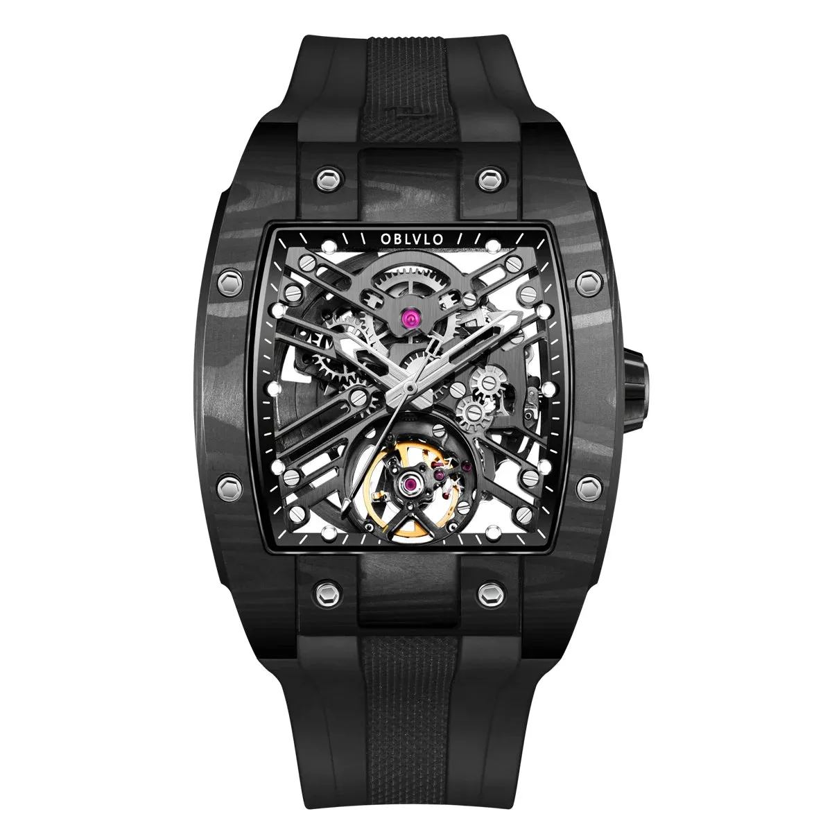 OBLVLO Top Watch Brand Sport Watch for Man Square Skeleton Watch Steel Automatic Mechanical Watch Rubber Strap Watches EM-ST
