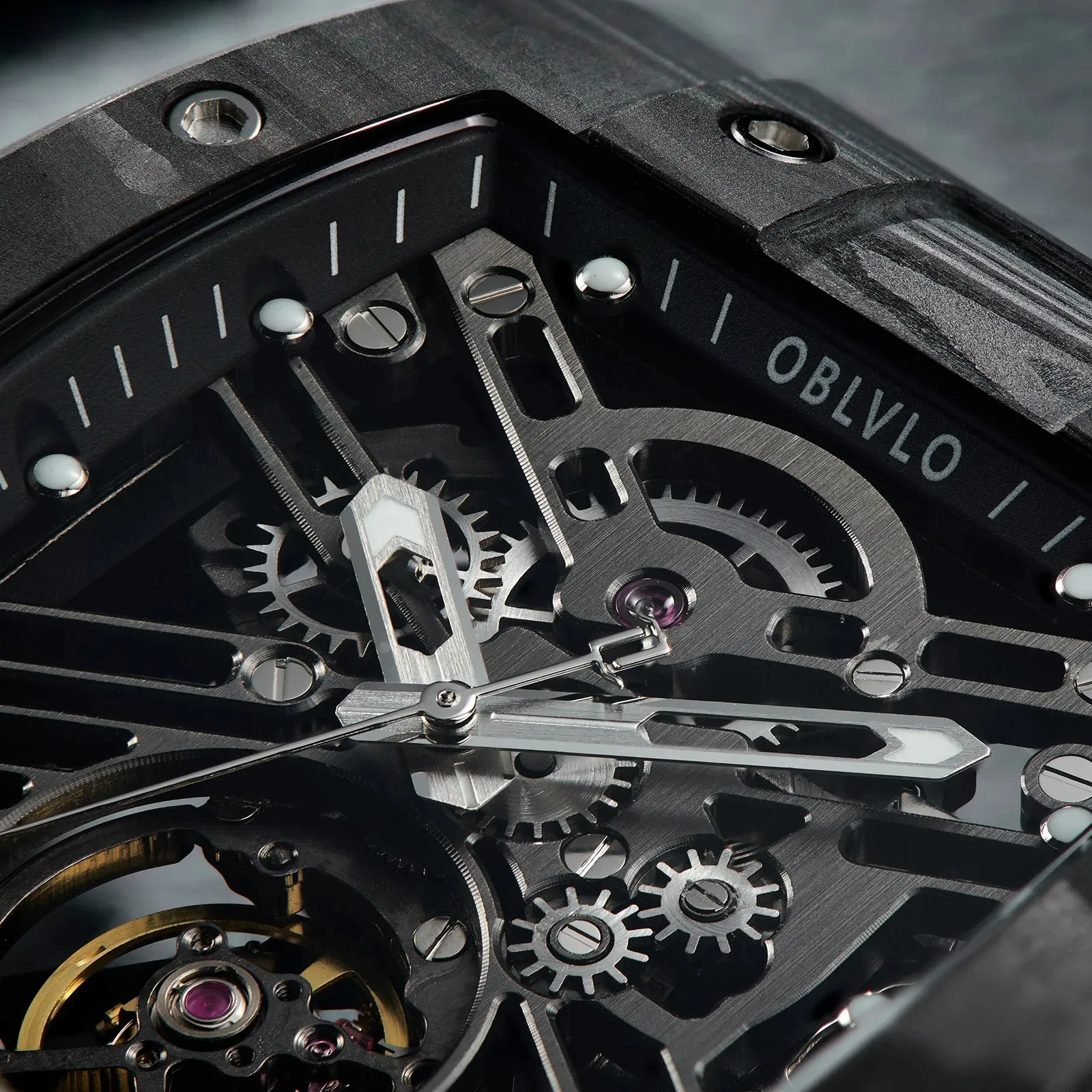 OBLVLO Top Watch Brand Sport Watch for Man Square Skeleton Watch Steel Automatic Mechanical Watch Rubber Strap Watches EM-ST