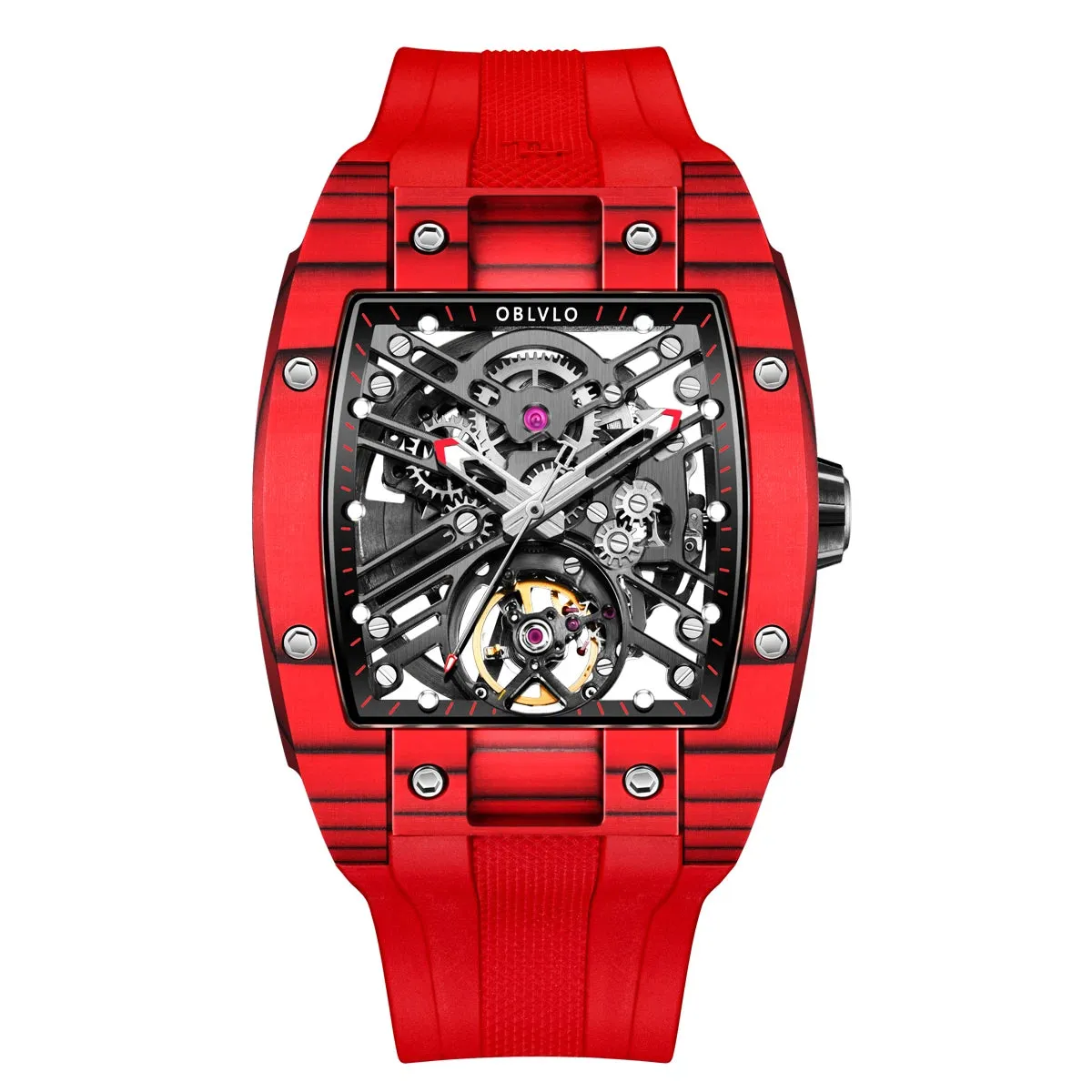 OBLVLO Top Watch Brand Sport Watch for Man Square Skeleton Watch Steel Automatic Mechanical Watch Rubber Strap Watches EM-ST