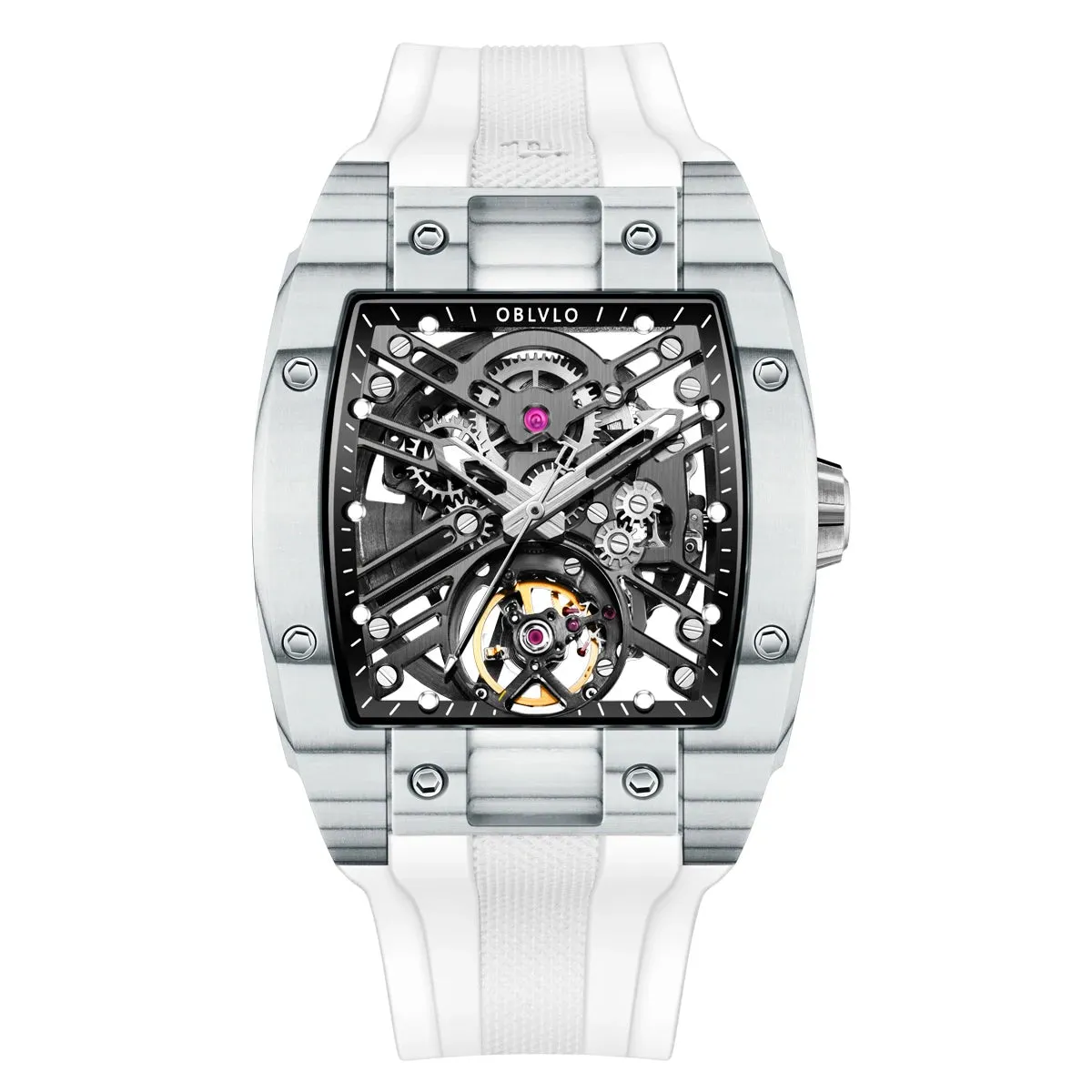 OBLVLO Top Watch Brand Sport Watch for Man Square Skeleton Watch Steel Automatic Mechanical Watch Rubber Strap Watches EM-ST
