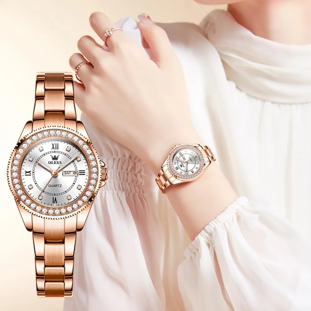 OLEVS Ladies Watches Rose Gold Japanese Quartz Female Watches for Women Waterproof Stainless Steel Watch