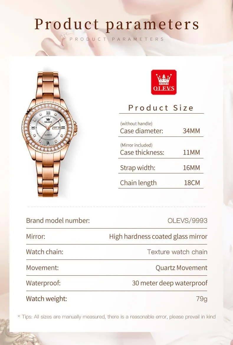 OLEVS Ladies Watches Rose Gold Japanese Quartz Female Watches for Women Waterproof Stainless Steel Watch
