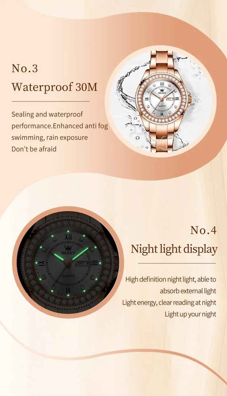 OLEVS Ladies Watches Rose Gold Japanese Quartz Female Watches for Women Waterproof Stainless Steel Watch