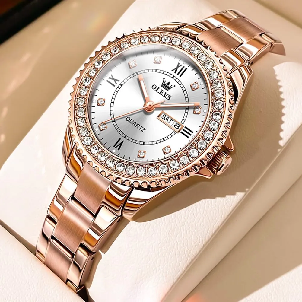 OLEVS Ladies Watches Rose Gold Japanese Quartz Female Watches for Women Waterproof Stainless Steel Watch