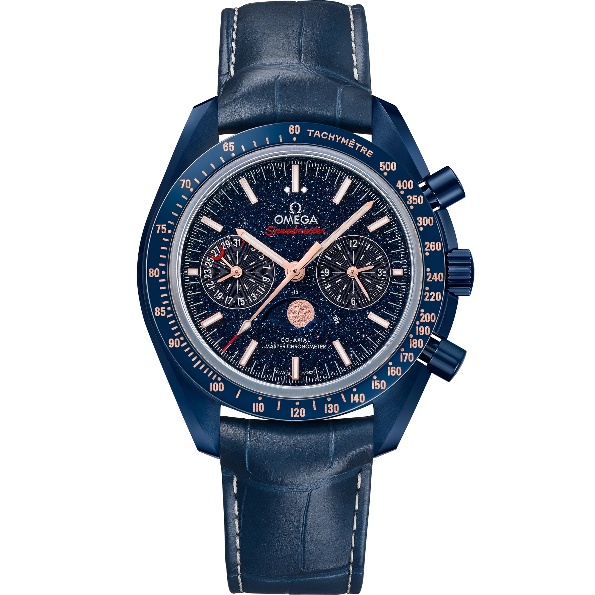 Omega Speedmaster Moonphase 44.25 mm, blue ceramic on leather strap