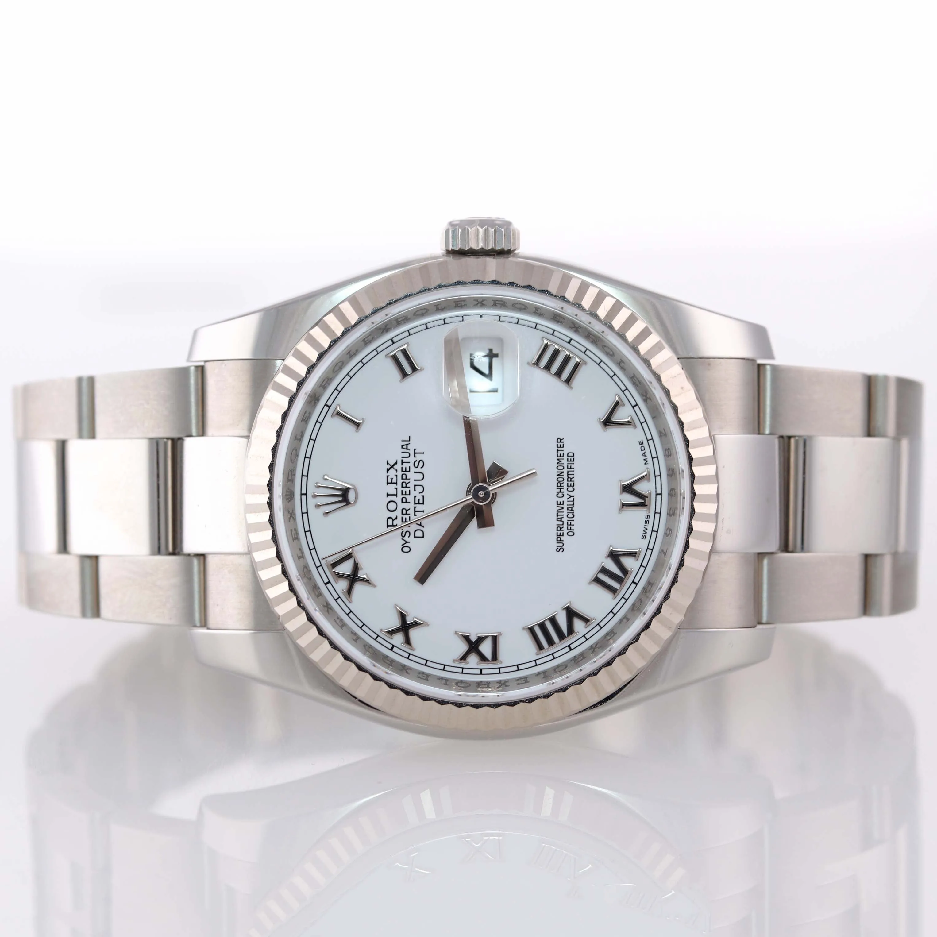 PAPERS Rolex DateJust 18k Gold Steel White Roman Dial 36mm Oyster 116234 Watch