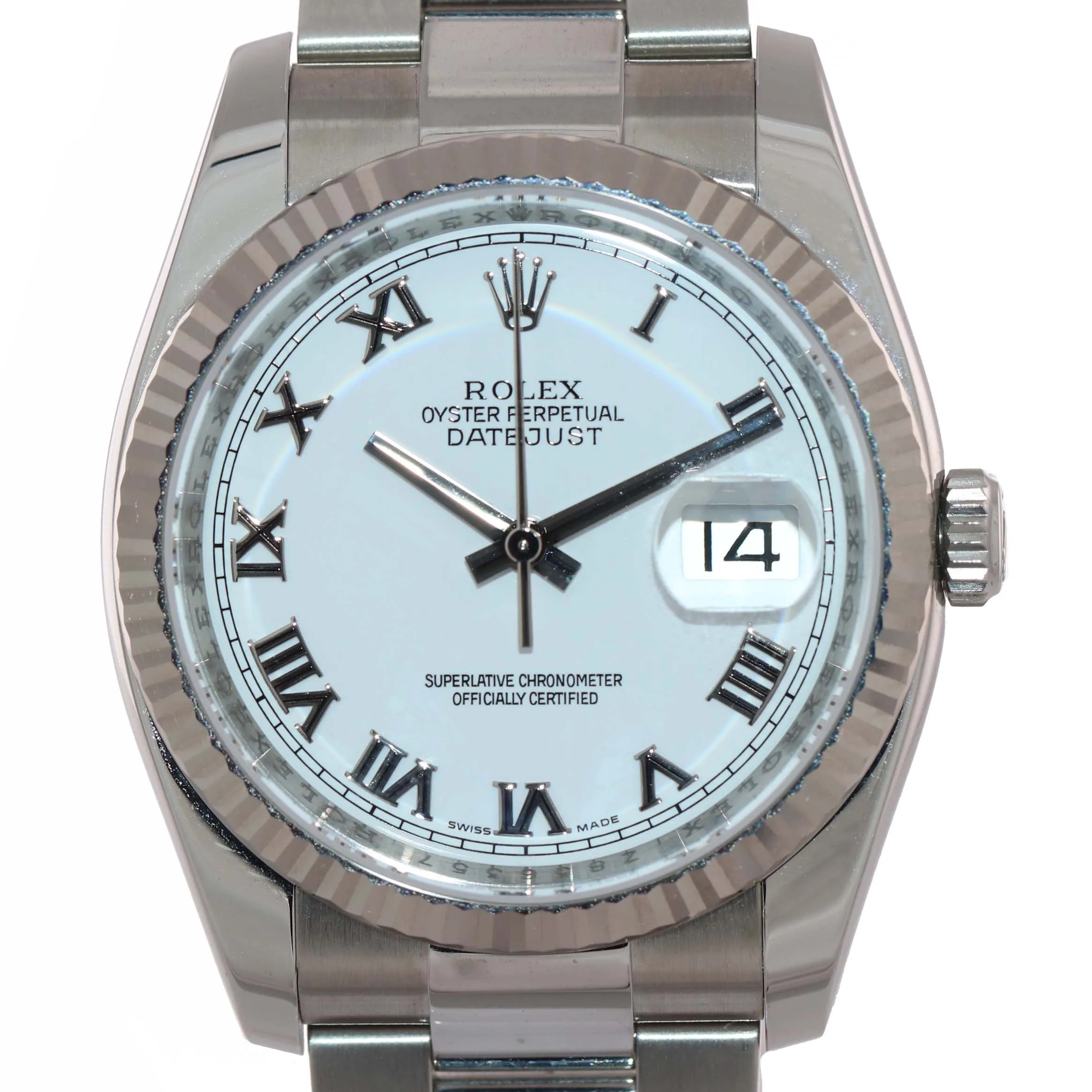 PAPERS Rolex DateJust 18k Gold Steel White Roman Dial 36mm Oyster 116234 Watch
