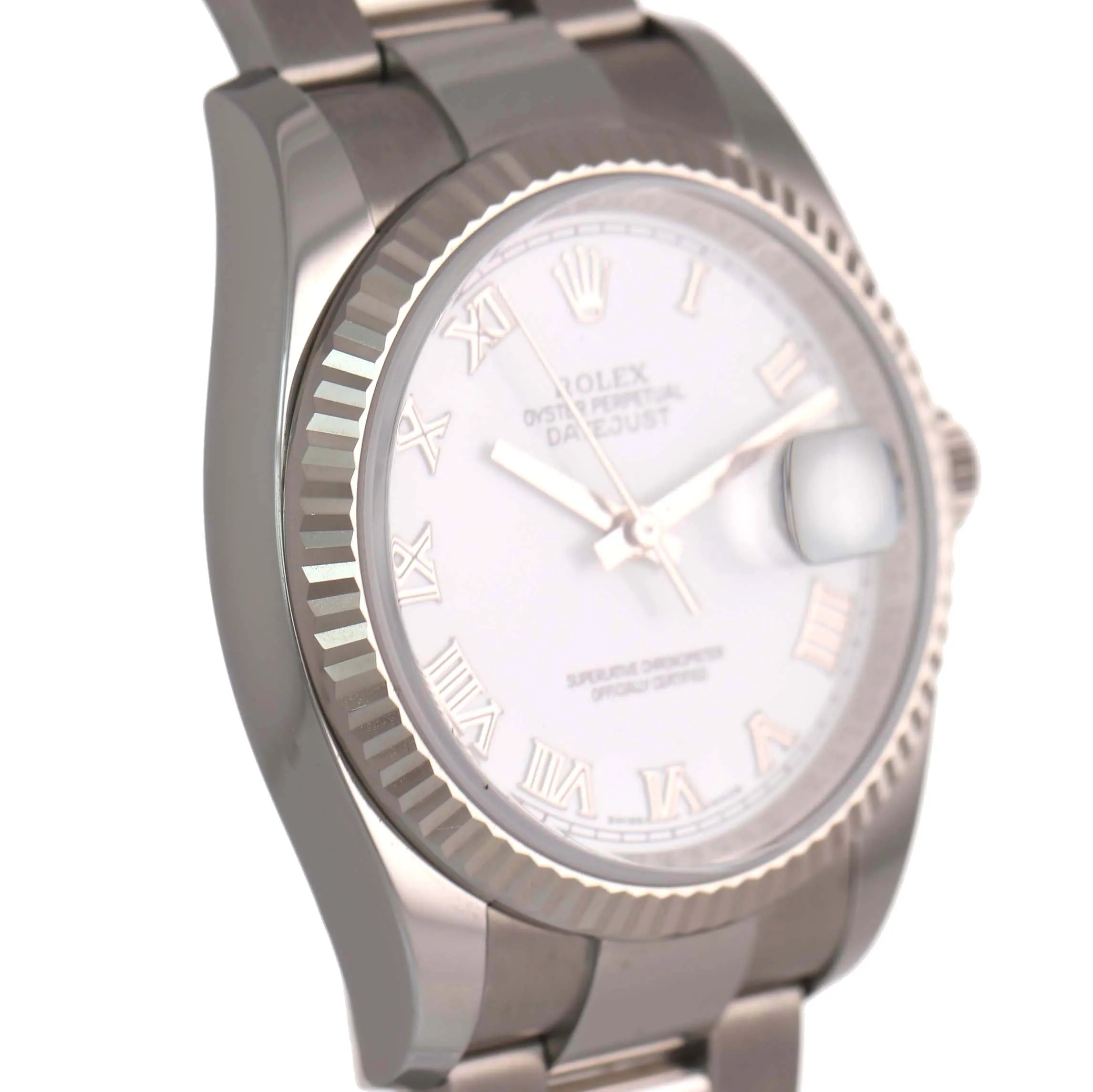 PAPERS Rolex DateJust 18k Gold Steel White Roman Dial 36mm Oyster 116234 Watch