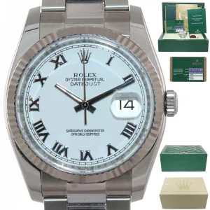 PAPERS Rolex DateJust 18k Gold Steel White Roman Dial 36mm Oyster 116234 Watch