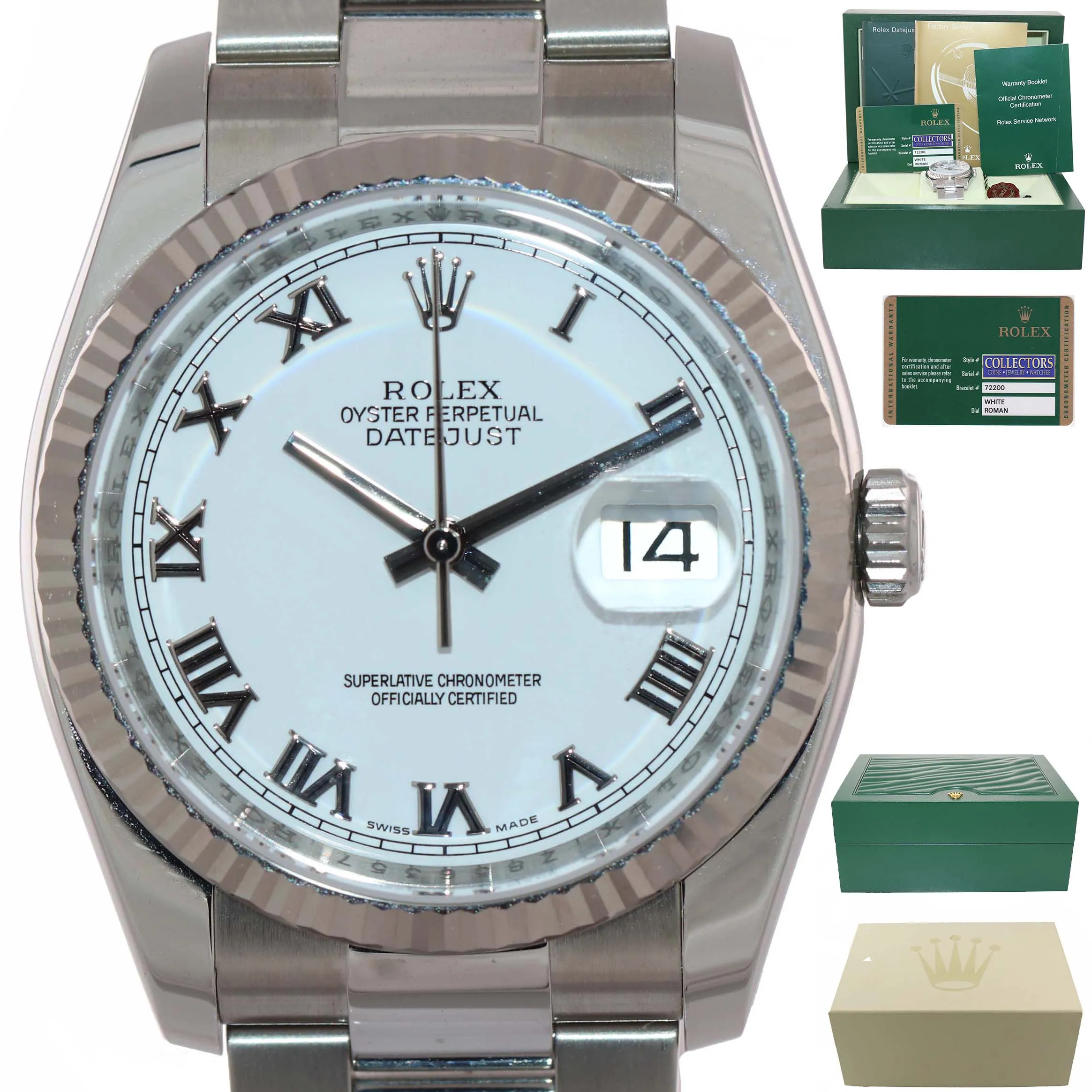 PAPERS Rolex DateJust 18k Gold Steel White Roman Dial 36mm Oyster 116234 Watch