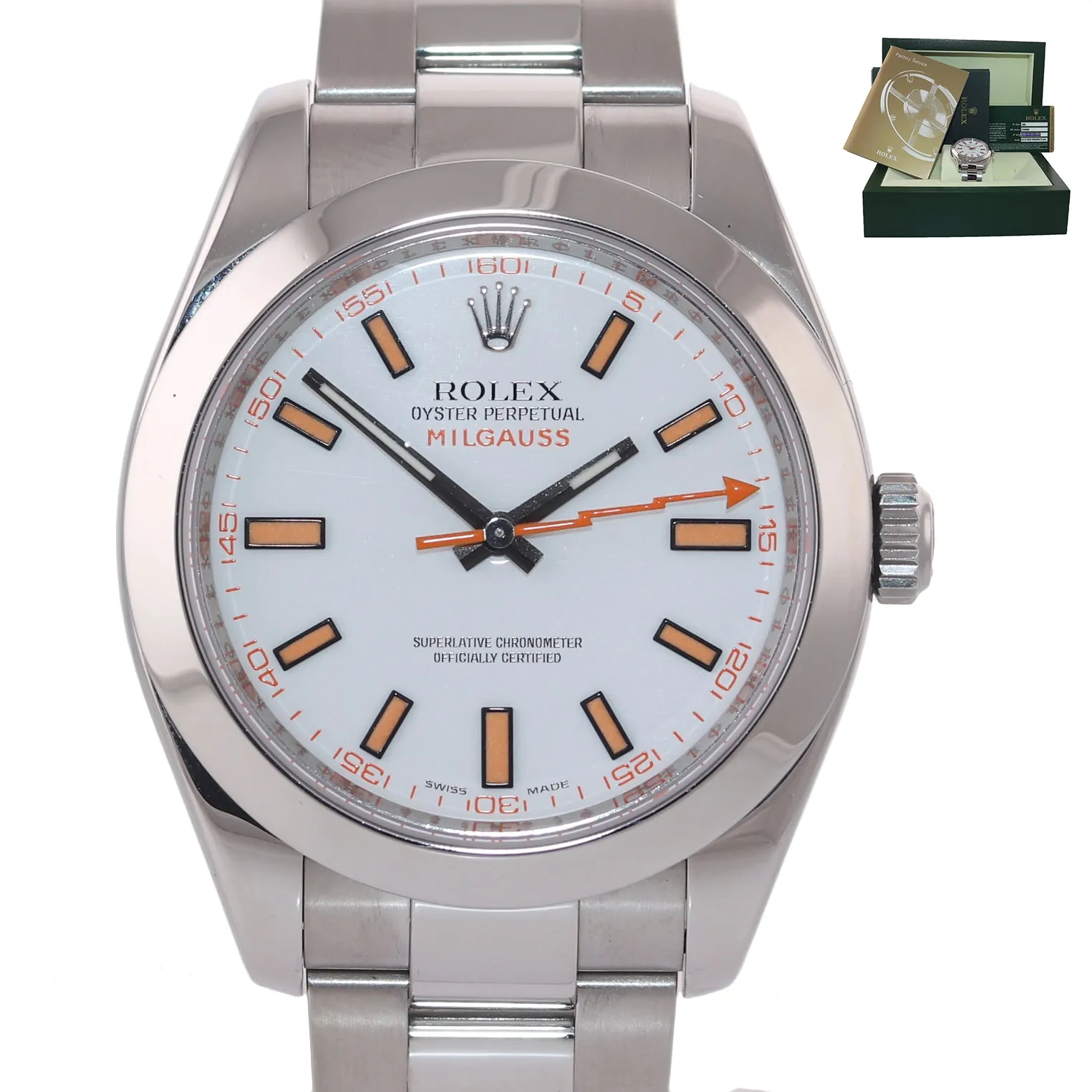 PAPERS Rolex Milgauss 116400 White Orange 40mm Steel Anti-Magnetic Watch Box