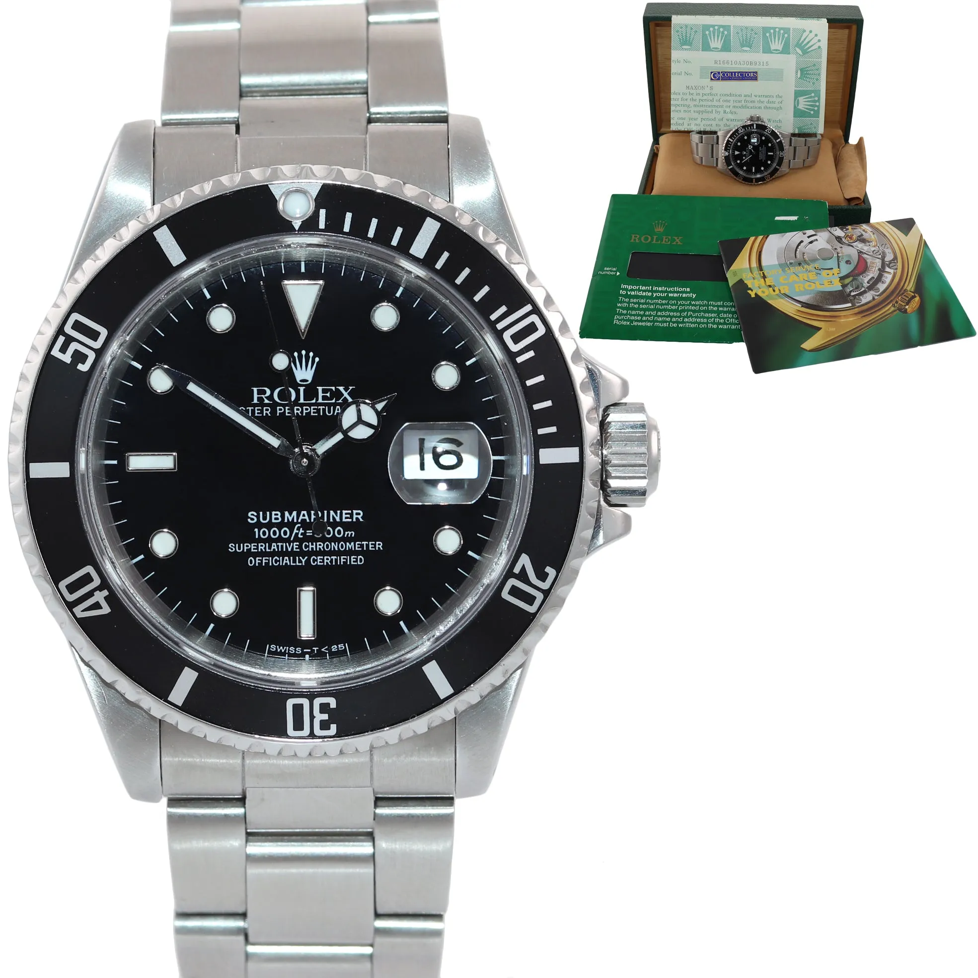 PAPERS Rolex Submariner Date 16610 Steel Black Tritium Dial 40mm Watch Box