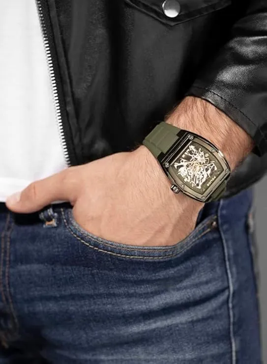 Police Skeletor Gents Olive Dial Olive Silicone Strap Watch