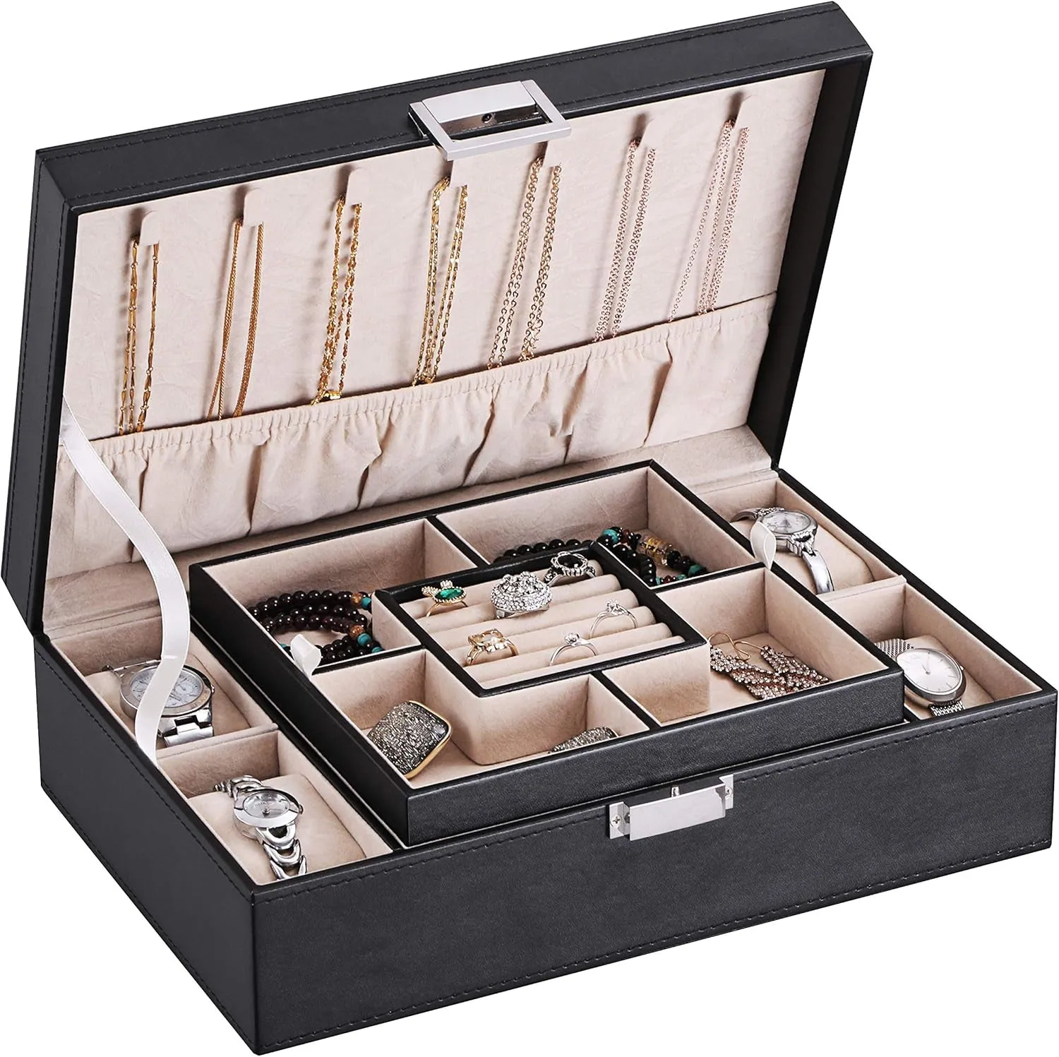 PU Leather Jewelry Organizer with Watch Case & Tray, Velvet Lining, Black