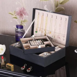 PU Leather Jewelry Organizer with Watch Case & Tray, Velvet Lining, Black