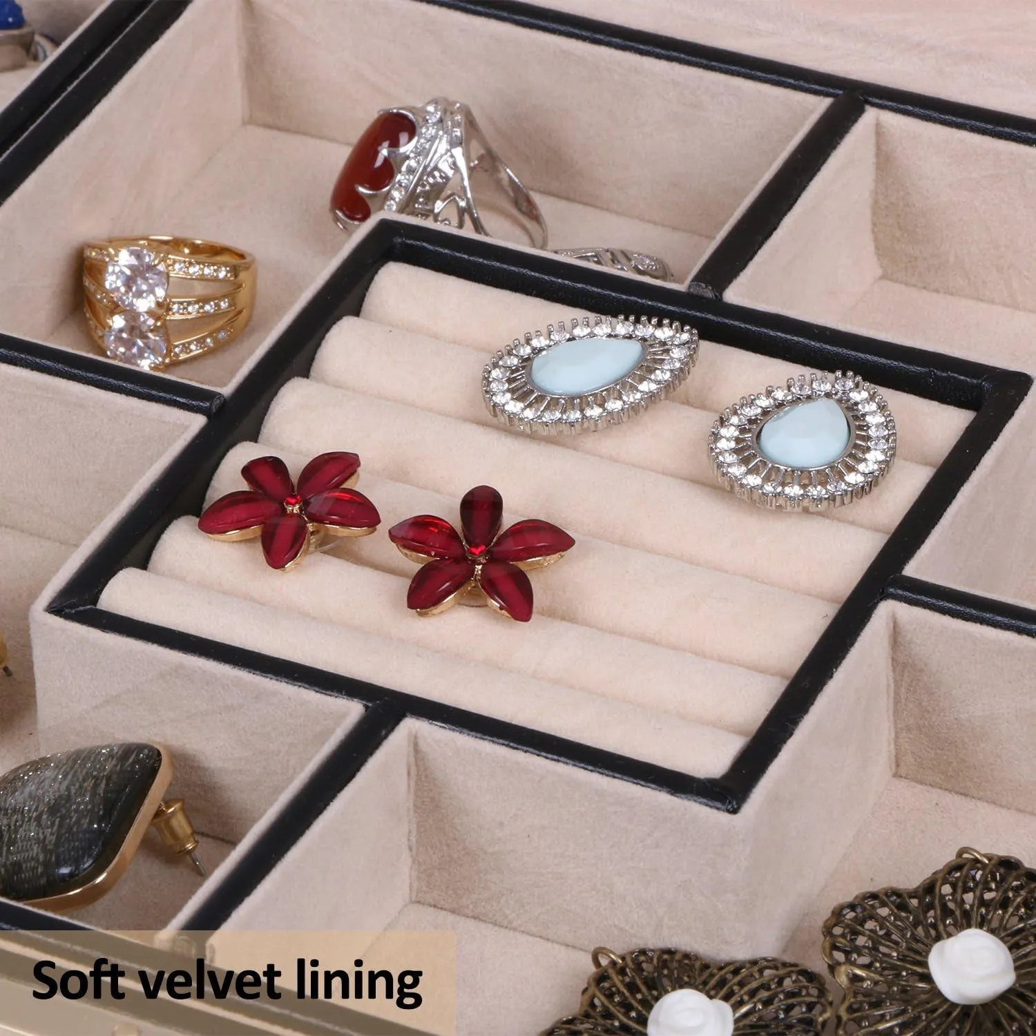PU Leather Jewelry Organizer with Watch Case & Tray, Velvet Lining, Black