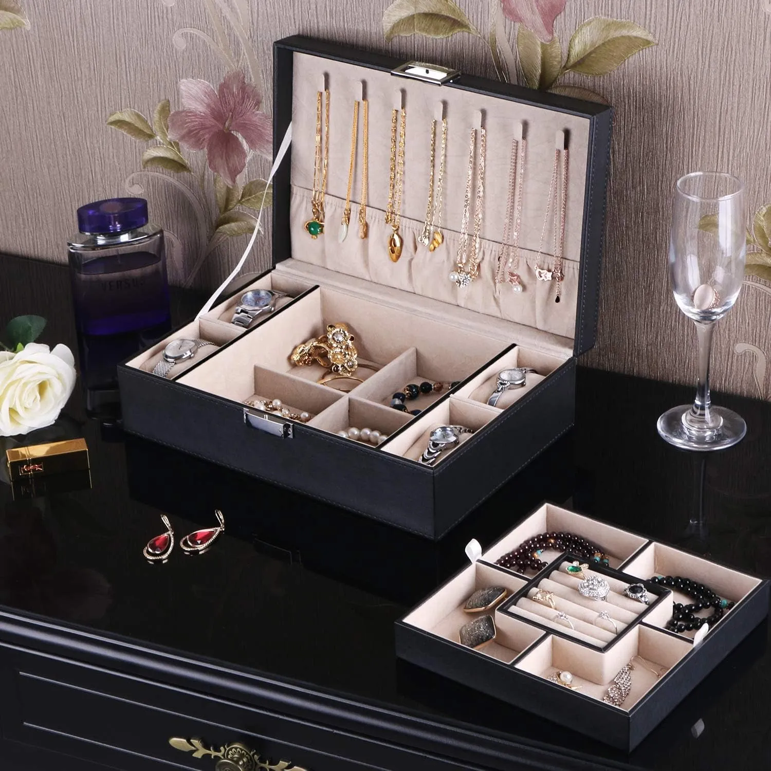 PU Leather Jewelry Organizer with Watch Case & Tray, Velvet Lining, Black