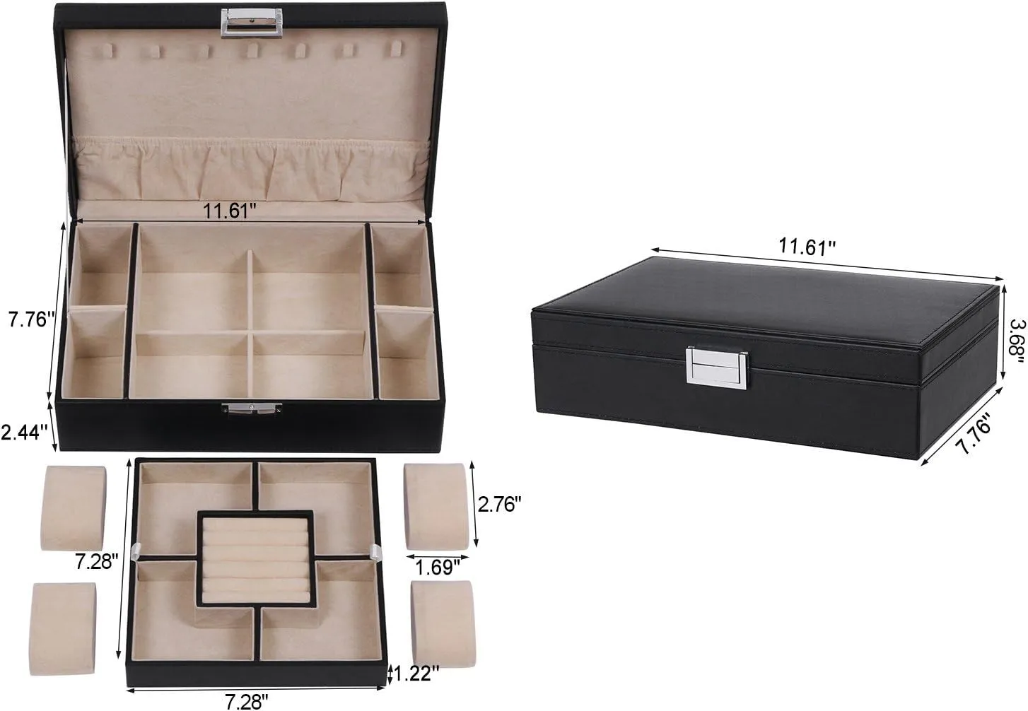 PU Leather Jewelry Organizer with Watch Case & Tray, Velvet Lining, Black