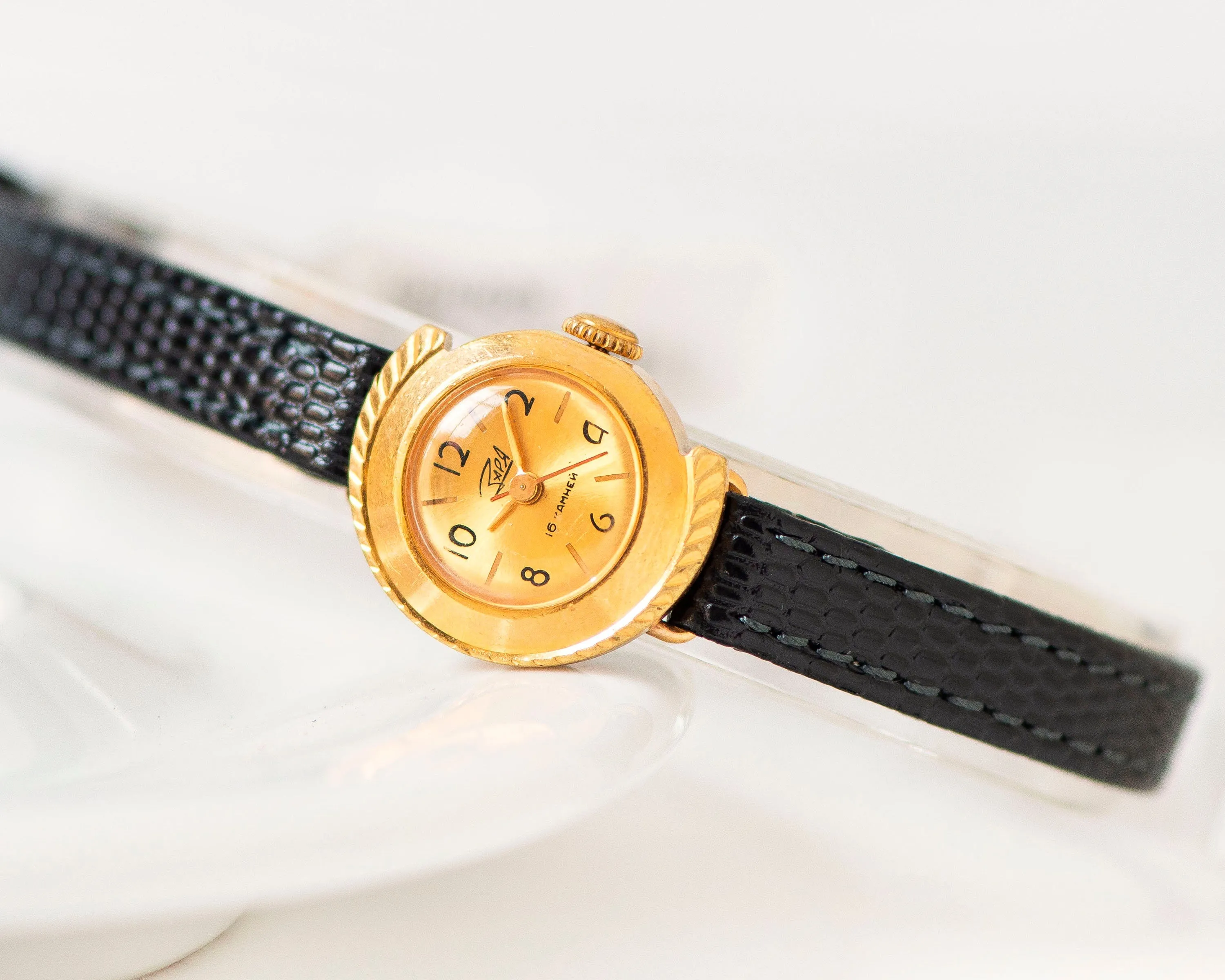 Rare case women watch gold plated Dawn vintage, Arabic numerals dial small wristwatch for lady gift, dainty watch , new premium leather band