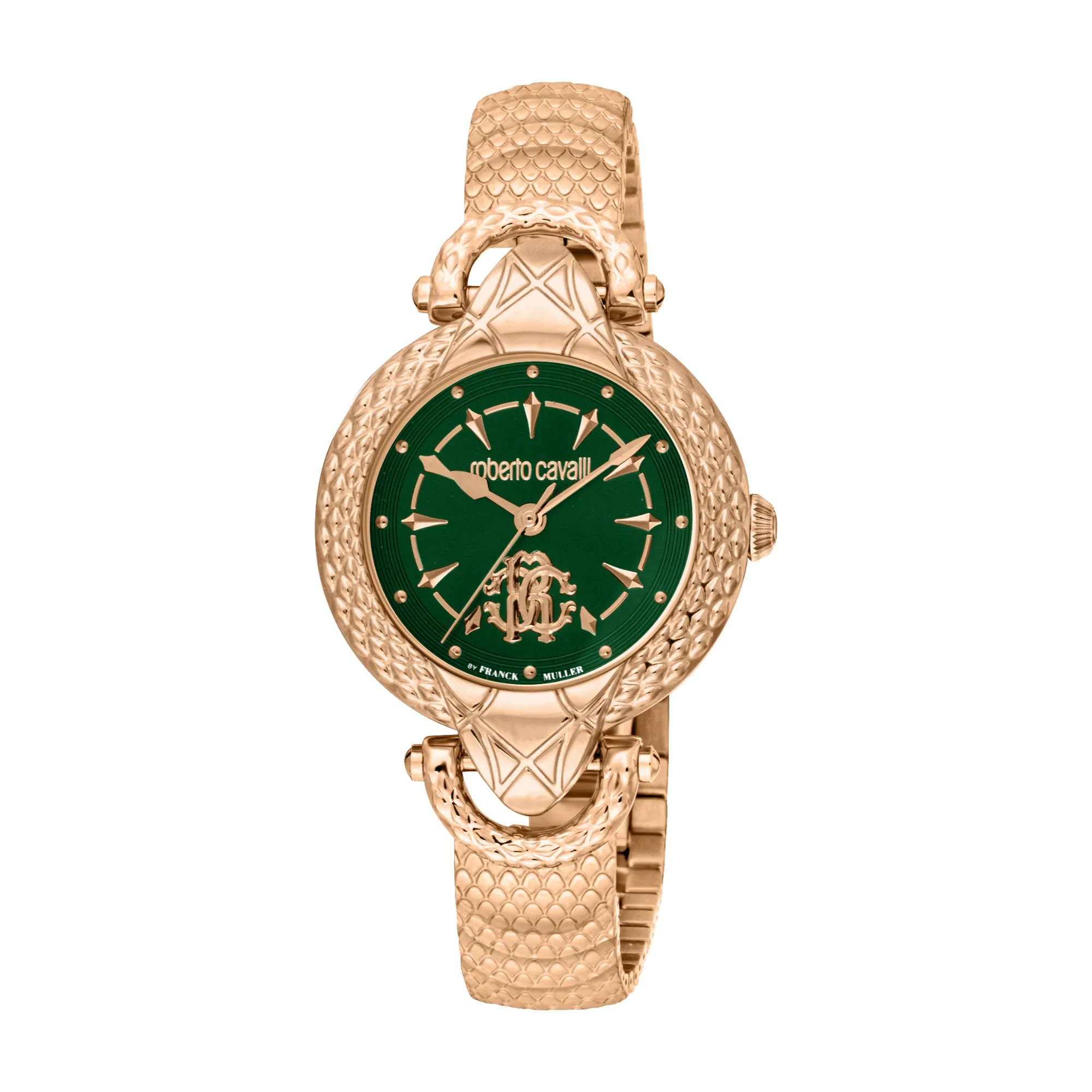 Roberto Cavalli Ladies Watch - Rose Gold Case, Dark Green Dial, Rose Gold Metal Bracelet