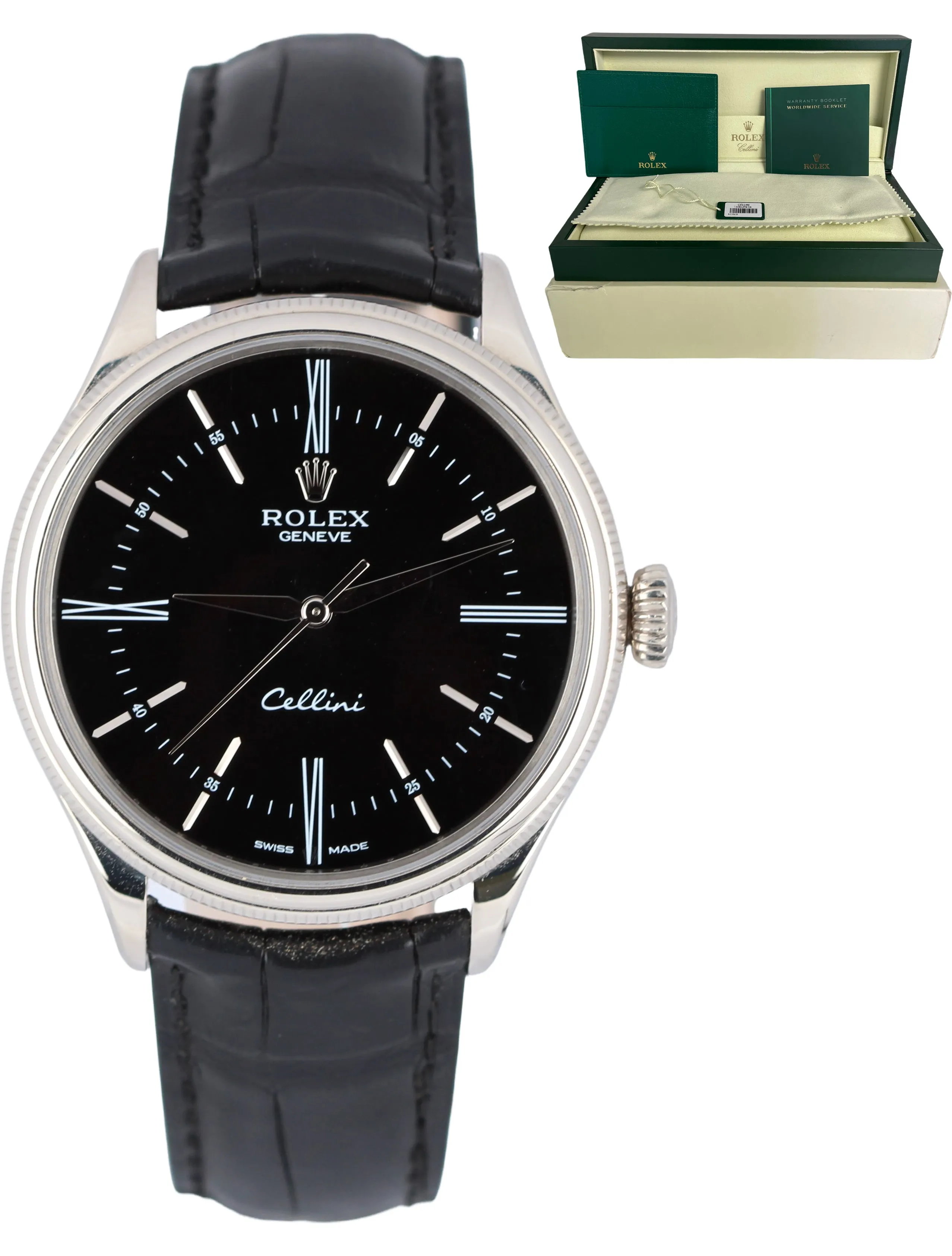 Rolex Cellini 18k White Gold Black Dial Roman Numeral 50509