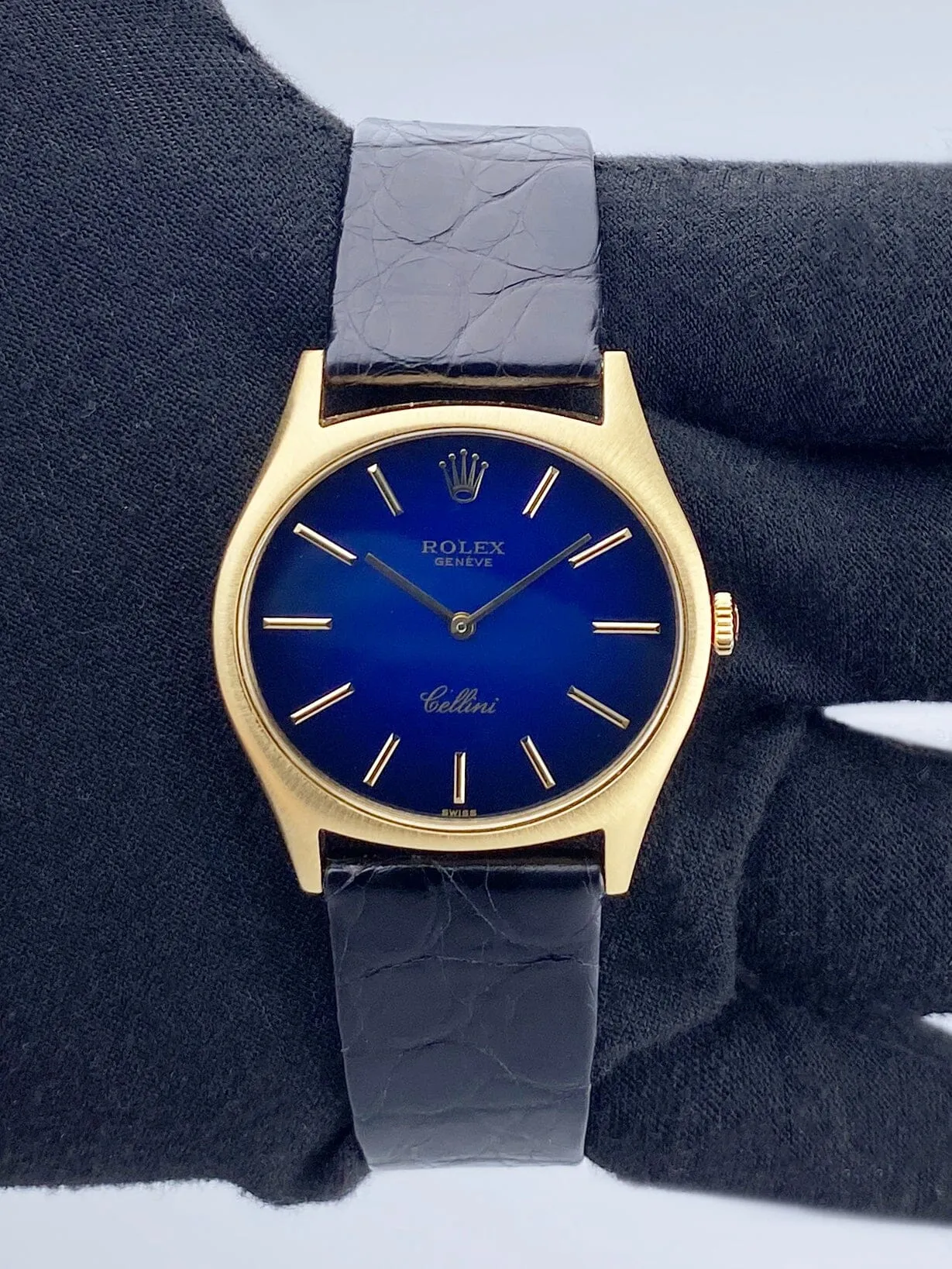 Rolex Cellini 3806 Blue Vignette Dial 18K Yellow Gold Mens Watch