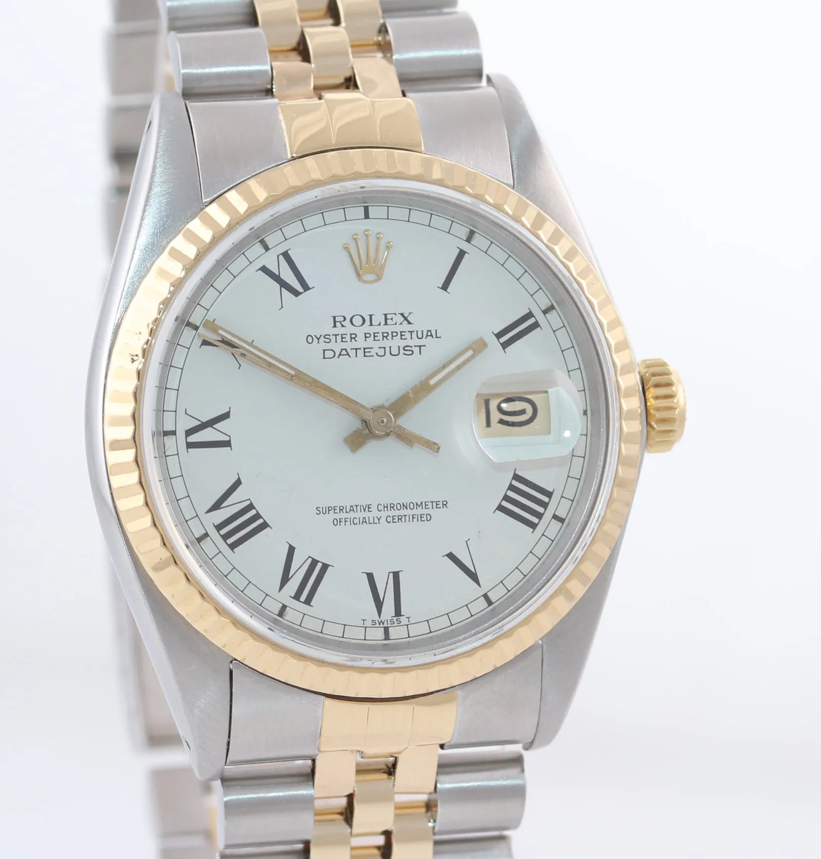 Rolex DateJust 16013 White Buckley 36mm 18K Two Tone Gold Jubilee Band Watch