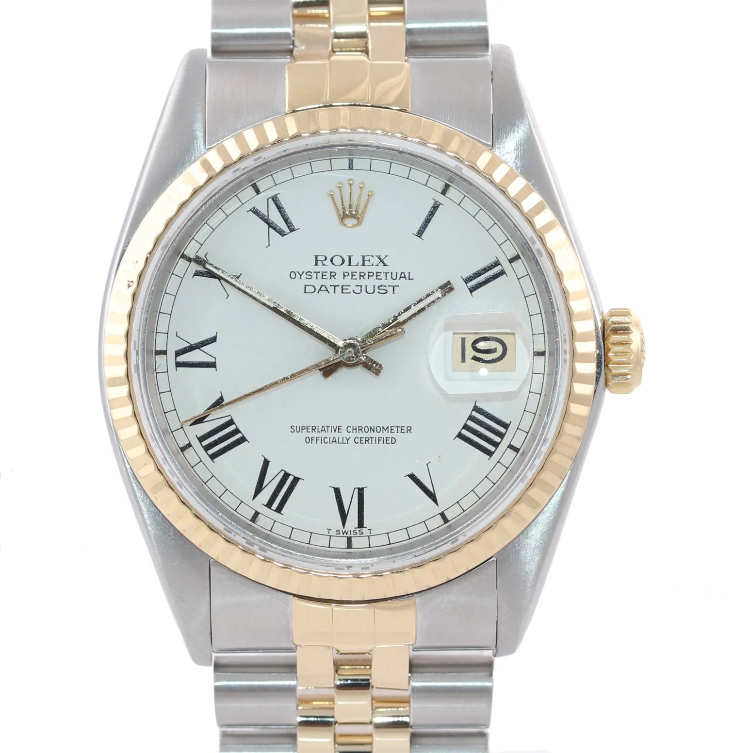 Rolex DateJust 16013 White Buckley 36mm 18K Two Tone Gold Jubilee Band Watch