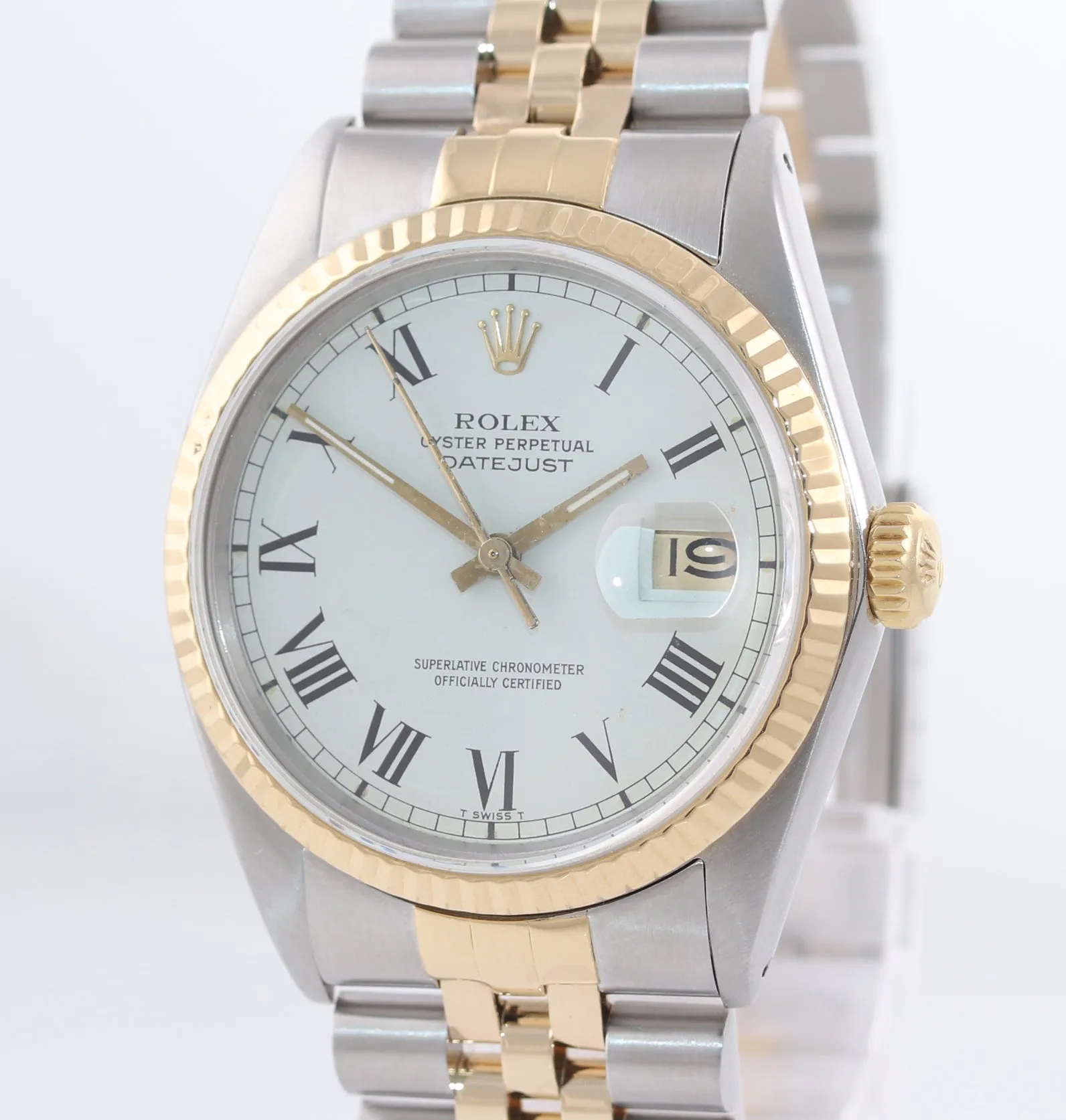 Rolex DateJust 16013 White Buckley 36mm 18K Two Tone Gold Jubilee Band Watch