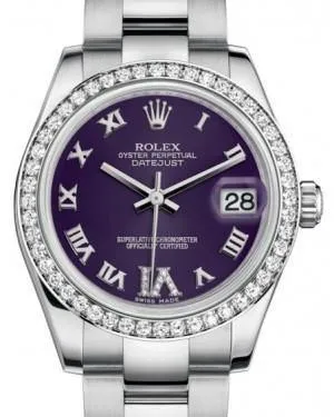 Rolex Datejust 31mm Lady Midsize White Gold/Steel Purple Roman Diamond VI Dial & Diamond Bezel Oyster Bracelet 178384 - NEW