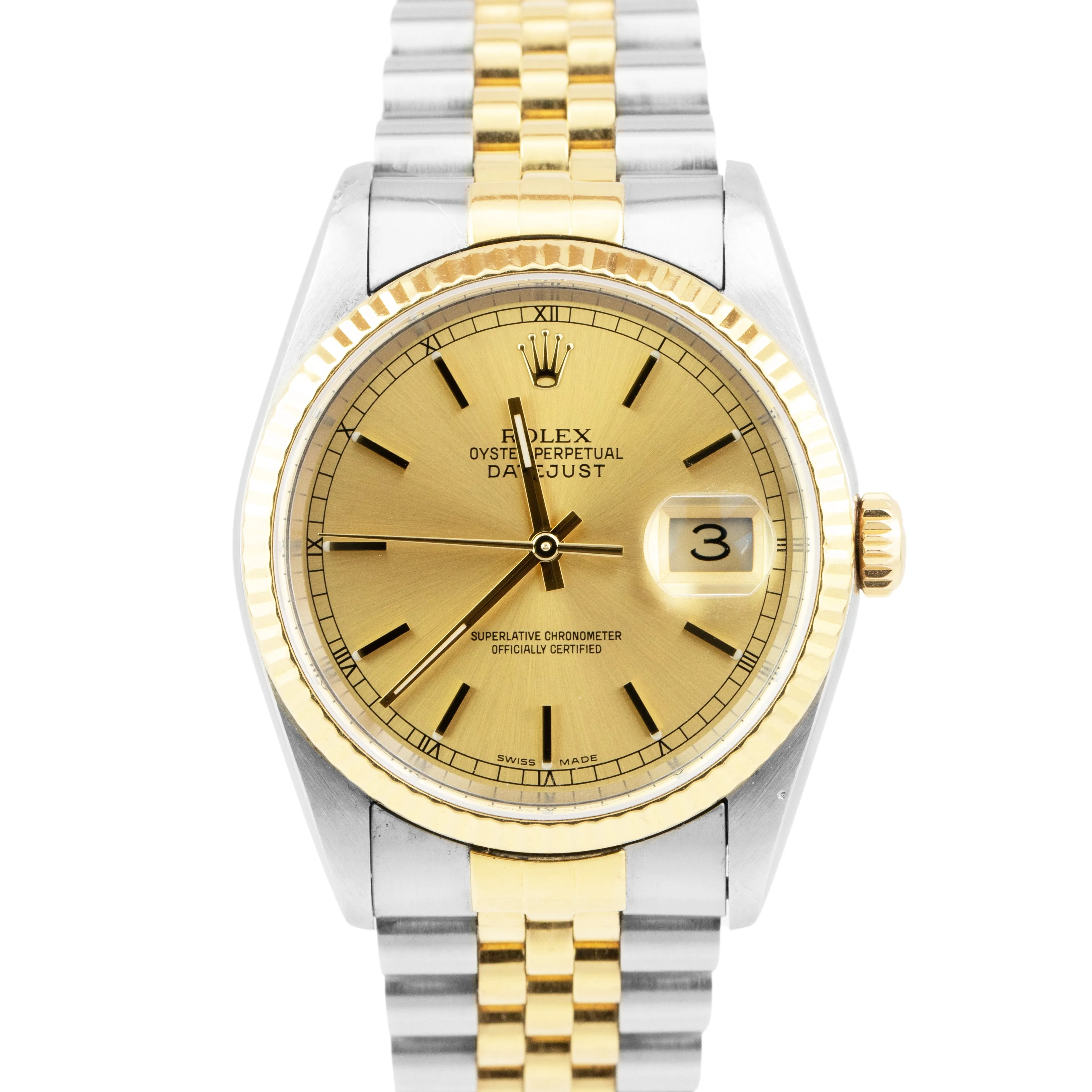 Rolex DateJust 36mm 18K Gold Steel No-Holes Case Champagne Watch 16233 PAPERS